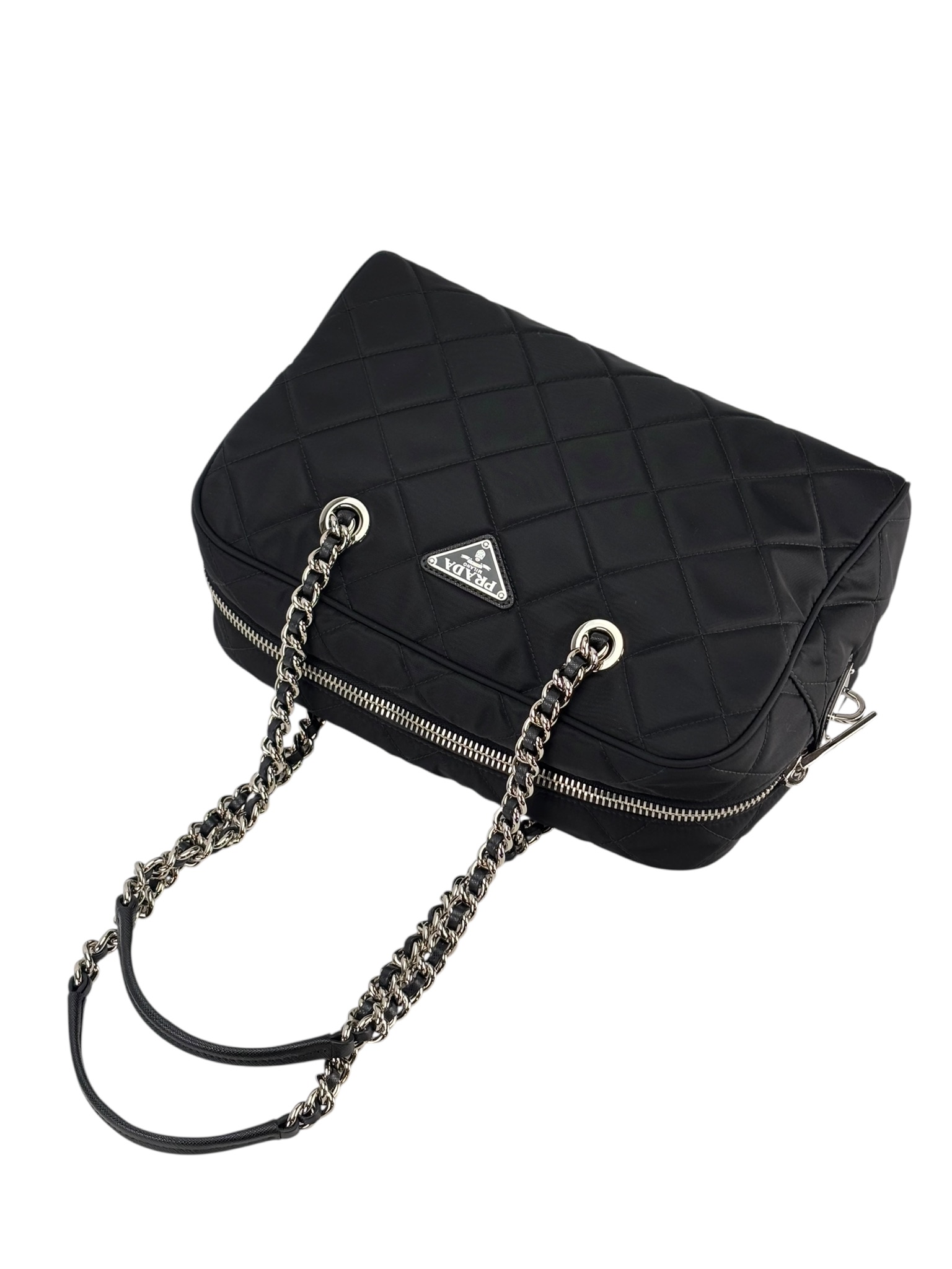 PRADA - Black Nylon Quilted Chain Tote Bag Shoulder Bag – Camellia