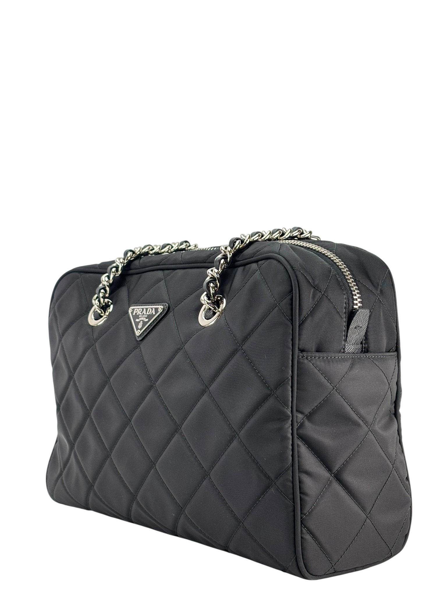 PRADA - Black Nylon Quilted Chain Tote Bag Shoulder Bag – Camellia