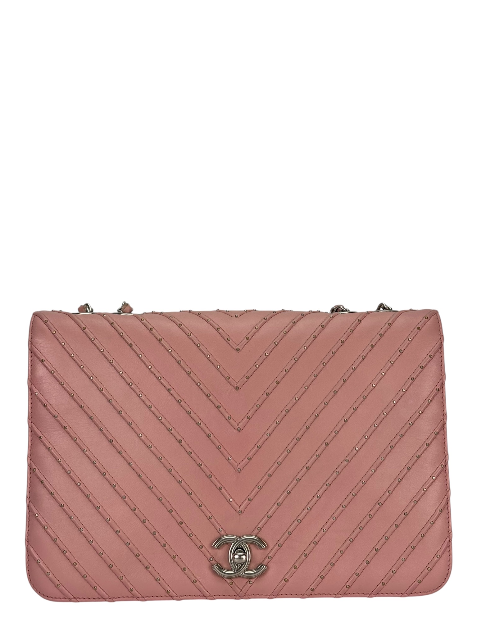 CHANEL - Pink Calfskin Chevron Studded Flap Bag
