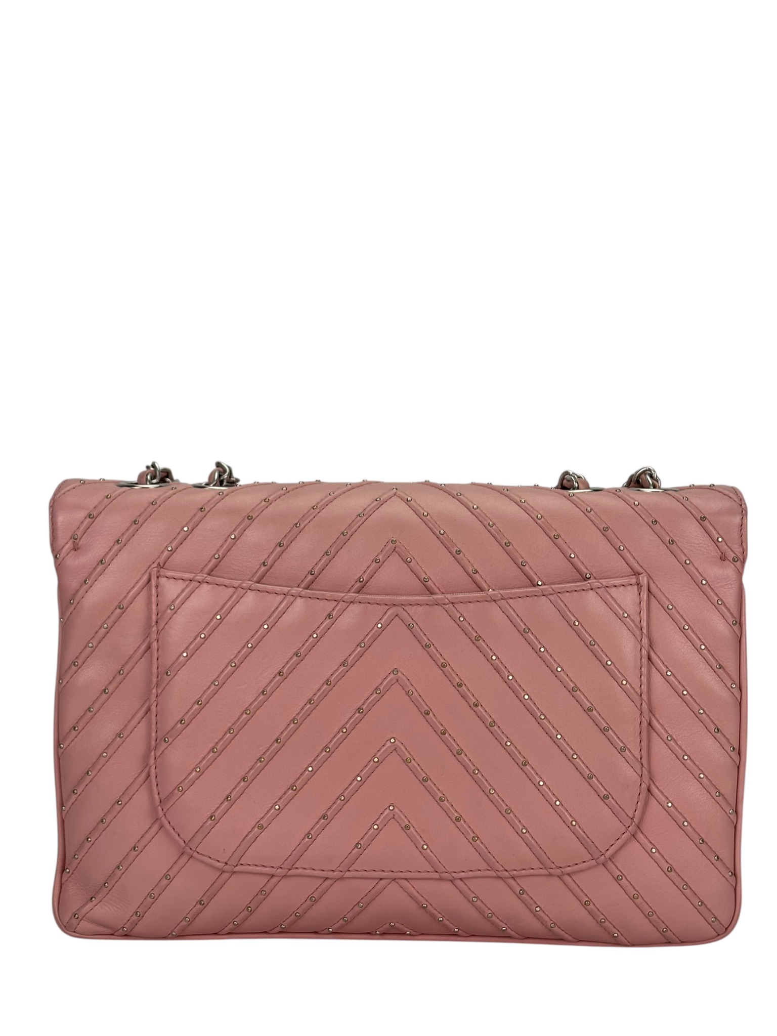 CHANEL - Pink Calfskin Chevron Studded Flap Bag