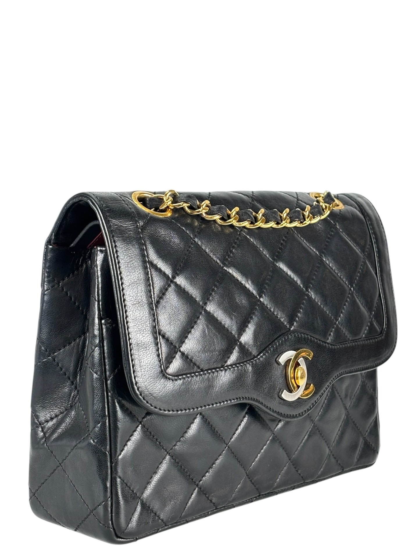 CHANEL - Black Lambskin Matelasse Double Flap Shoulder Bag