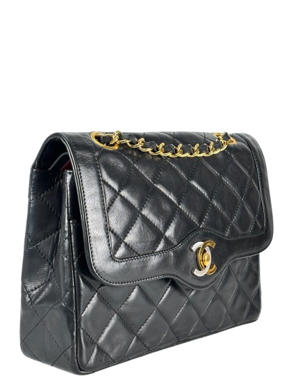 CHANEL - Black Lambskin Matelasse Double Flap Shoulder Bag