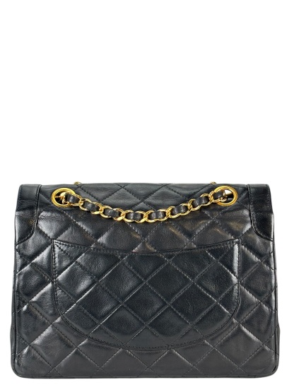 CHANEL - Black Lambskin Matelasse Double Flap Shoulder Bag
