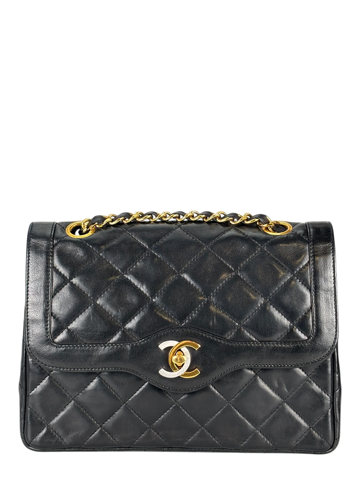CHANEL - Black Lambskin Matelasse Double Flap Shoulder Bag