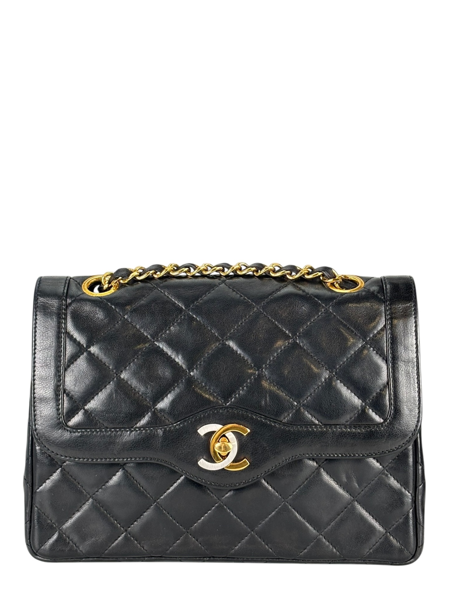 CHANEL - Black Lambskin Matelasse Double Flap Shoulder Bag