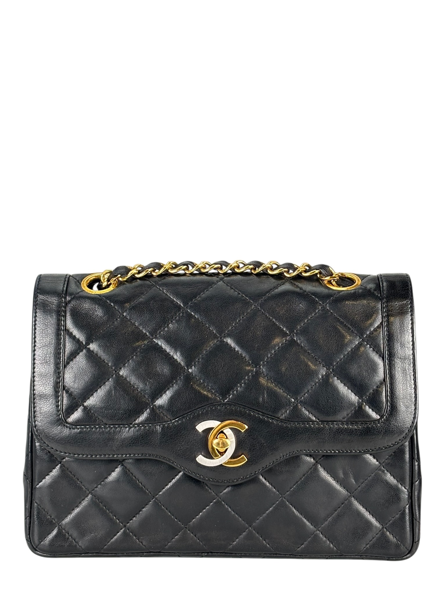 CHANEL - Black Lambskin Matelasse Double Flap Shoulder Bag