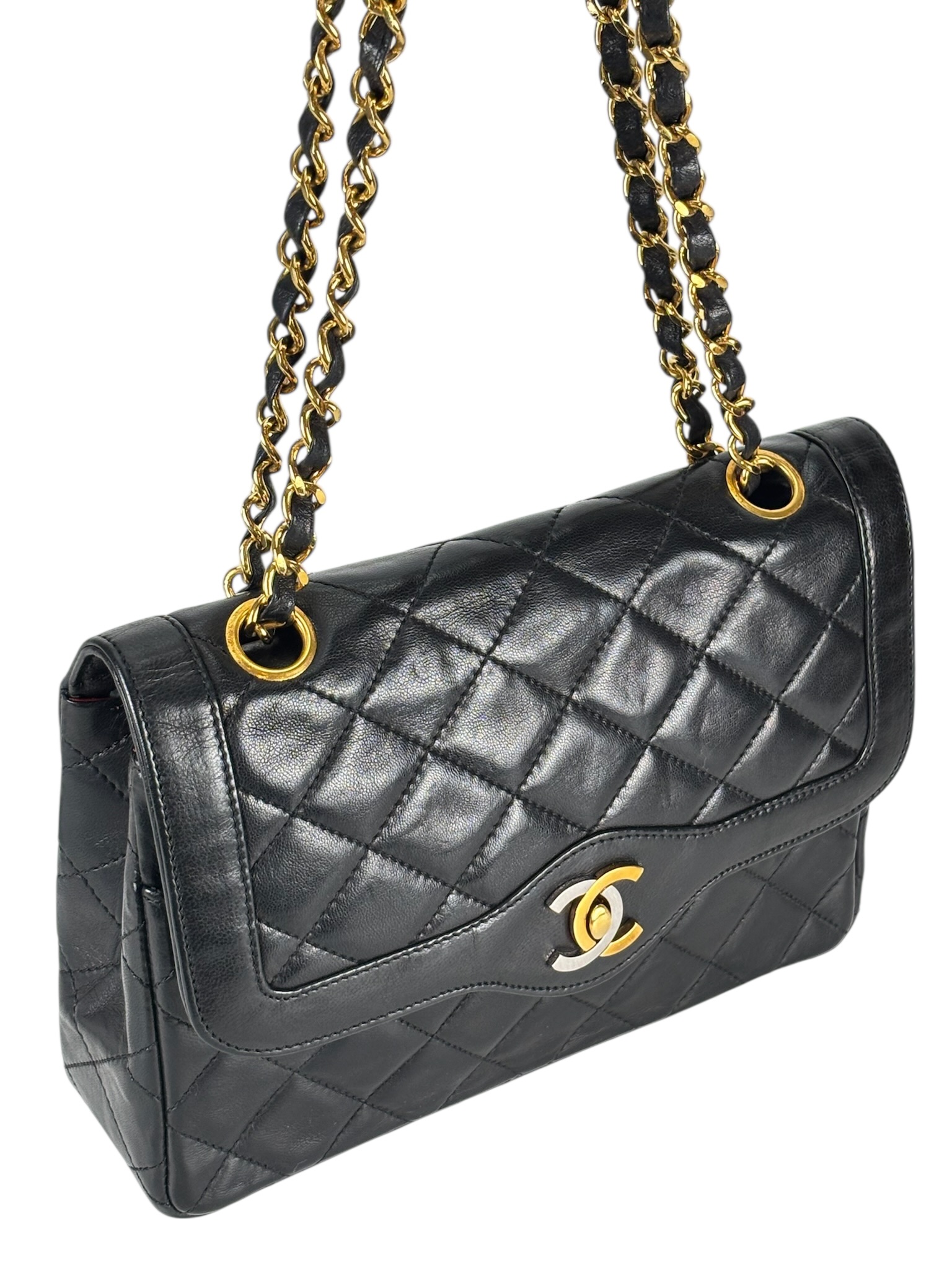 CHANEL - Black Lambskin Matelasse Double Flap Shoulder Bag