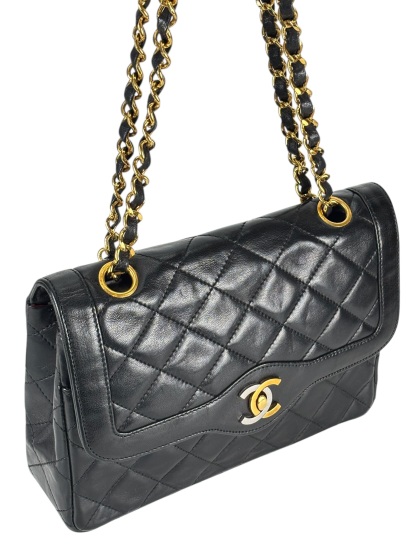 CHANEL - Black Lambskin Matelasse Double Flap Shoulder Bag