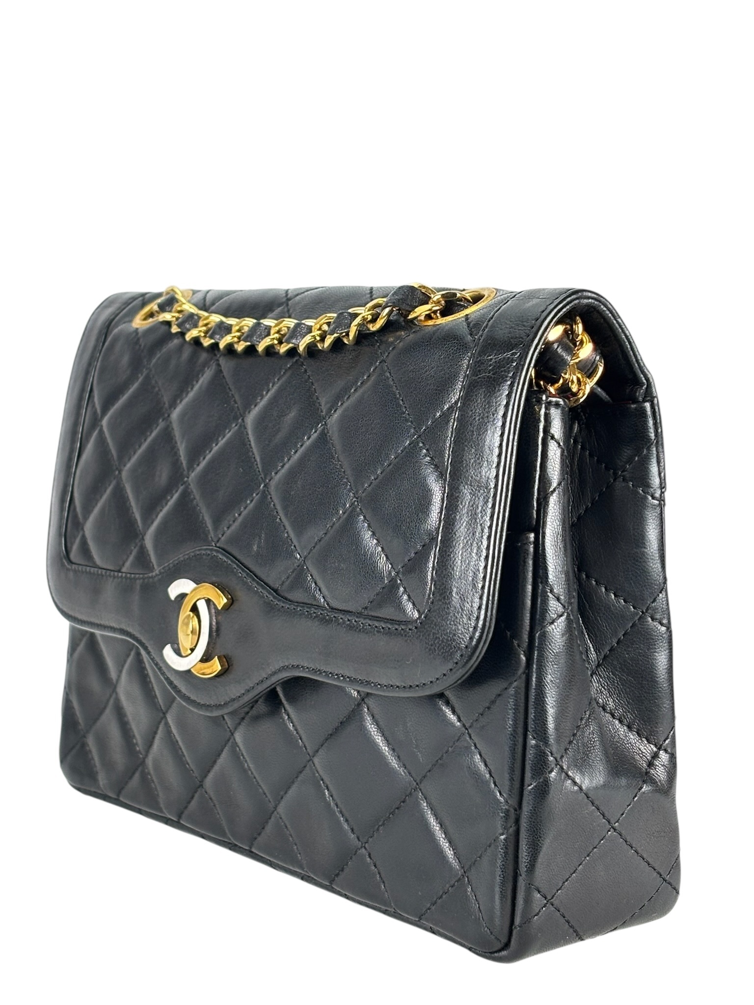 CHANEL - Black Lambskin Matelasse Double Flap Shoulder Bag