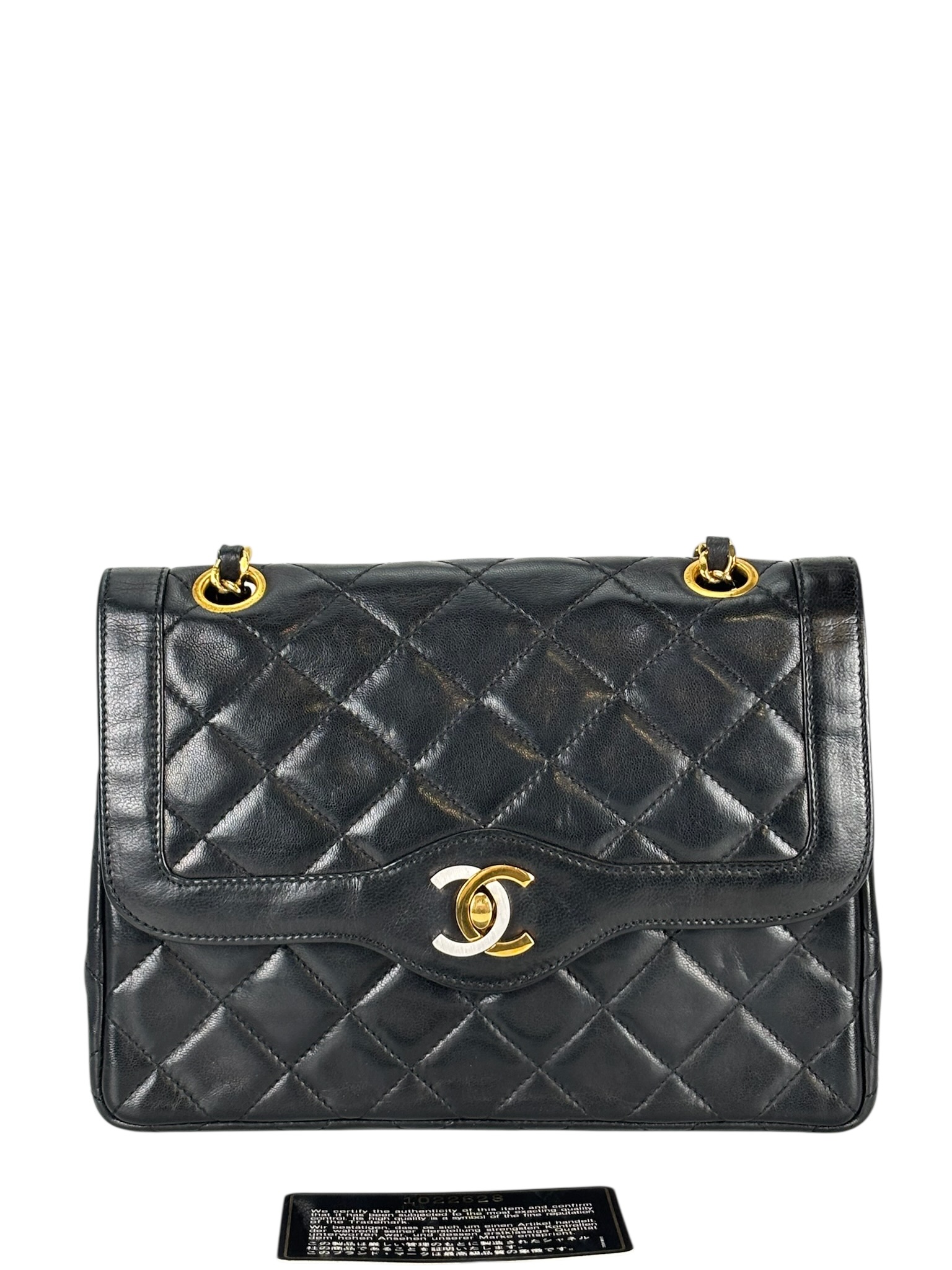 CHANEL - Black Lambskin Matelasse Double Flap Shoulder Bag