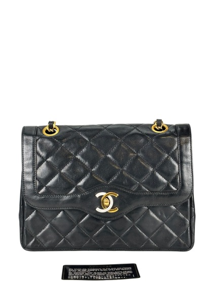 CHANEL - Black Lambskin Matelasse Double Flap Shoulder Bag