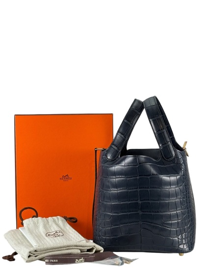 HERMES - Picotin 18 Alligator 76 Blue Indigo Gold Hardware