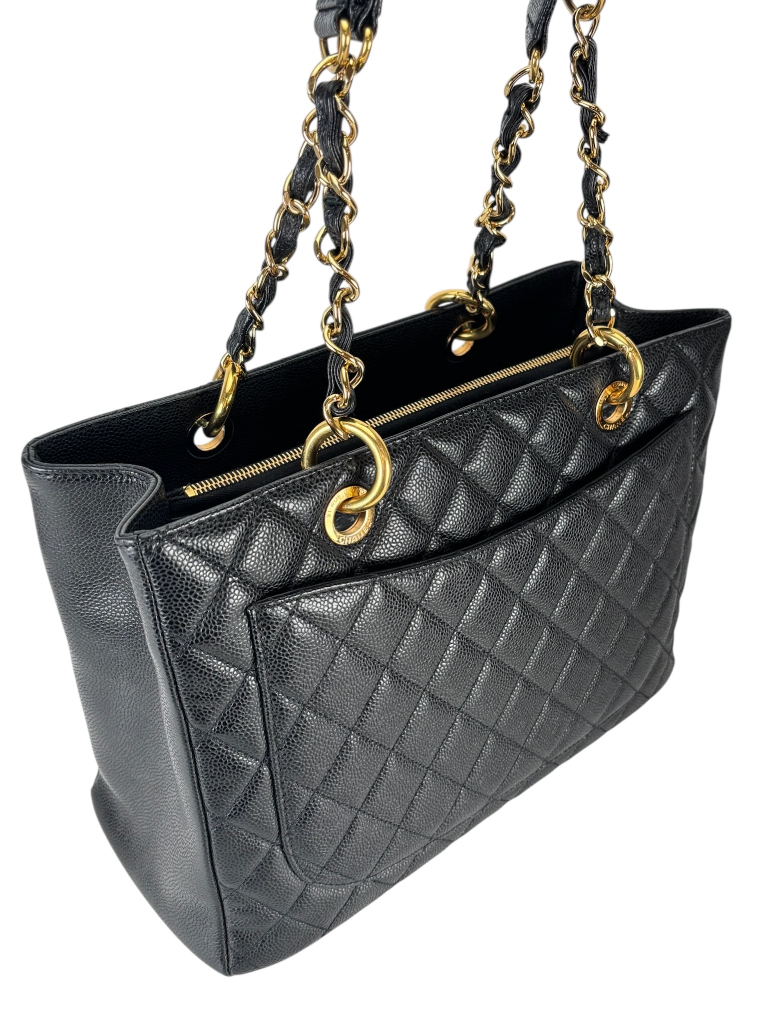 CHANEL - Black Caviar Quilted Grand Shopping Tote GST Gold Hardware