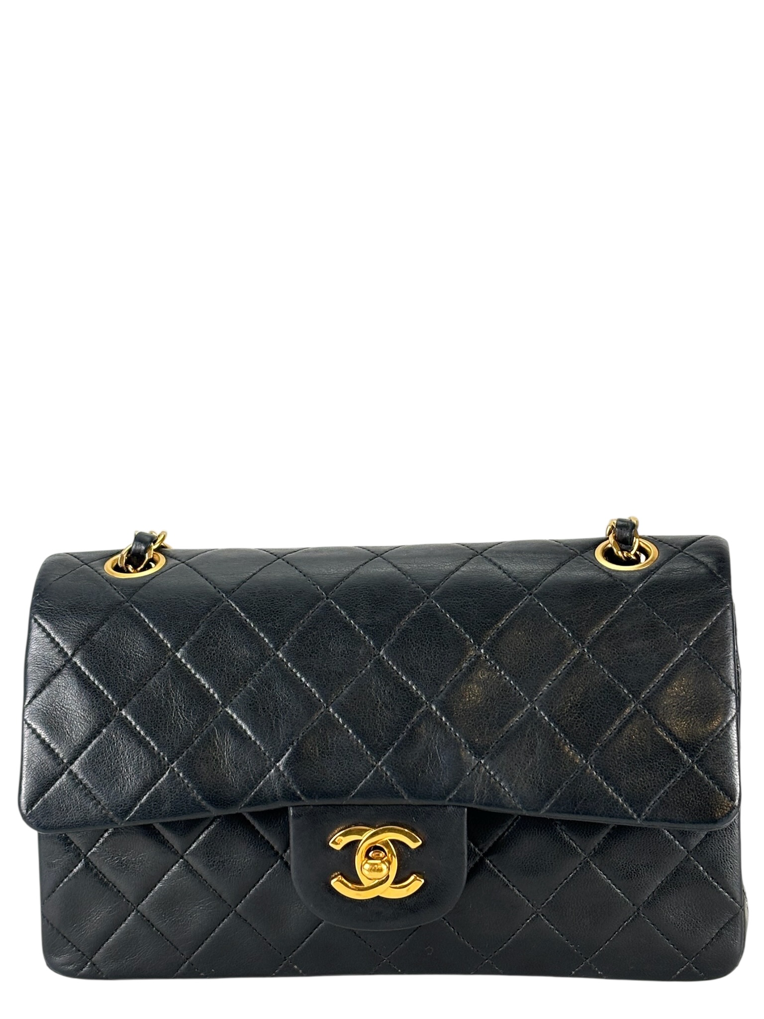 CHANEL -  Black Lambskin Double Flap Crossbody  Medium Timeless Flap Chain Shoulder Bag