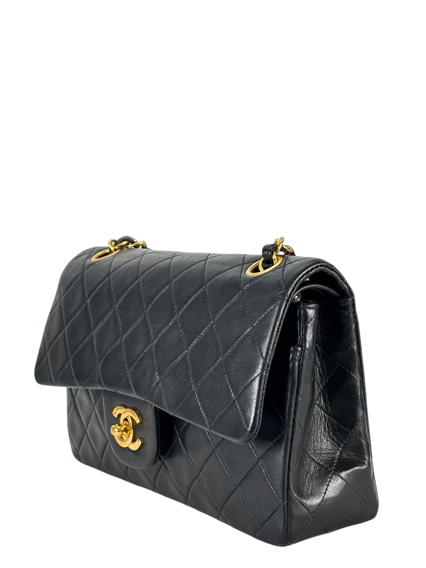 CHANEL -  Black Lambskin Double Flap Crossbody  Medium Timeless Flap Chain Shoulder Bag