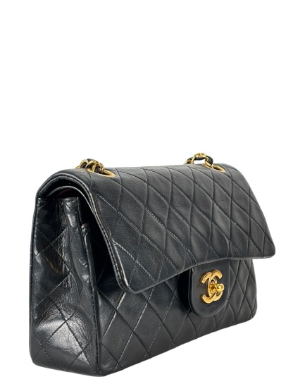 CHANEL -  Black Lambskin Double Flap Crossbody  Medium Timeless Flap Chain Shoulder Bag