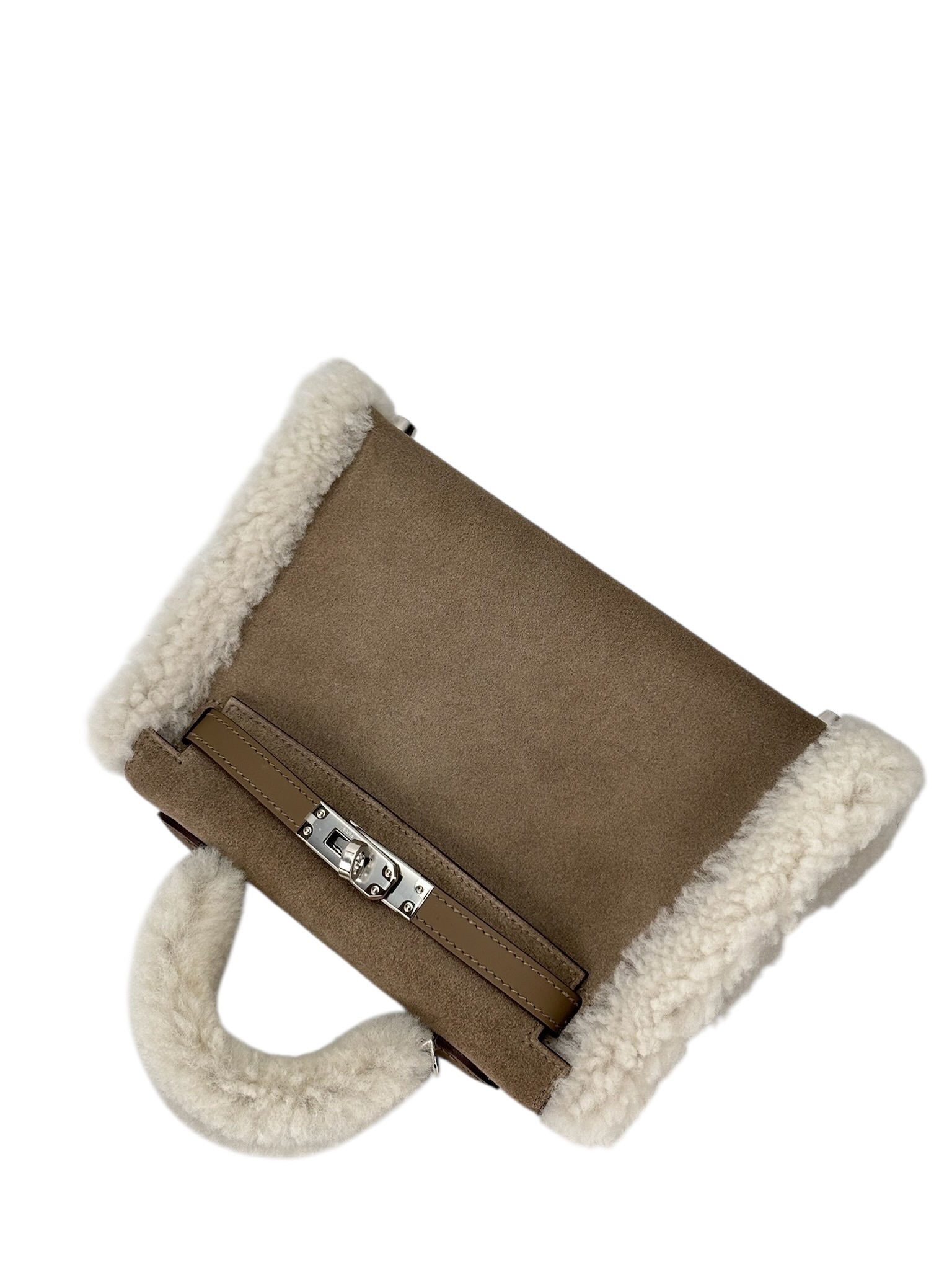 HERMES - Mini Kelly 18 Grizzly Swift Mouton Shearling Gris Caillou Ecru Etoupe Palladium Hardware