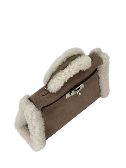 HERMES - Mini Kelly 18 Grizzly Swift Mouton Shearling Gris Caillou Ecru Etoupe Palladium Hardware