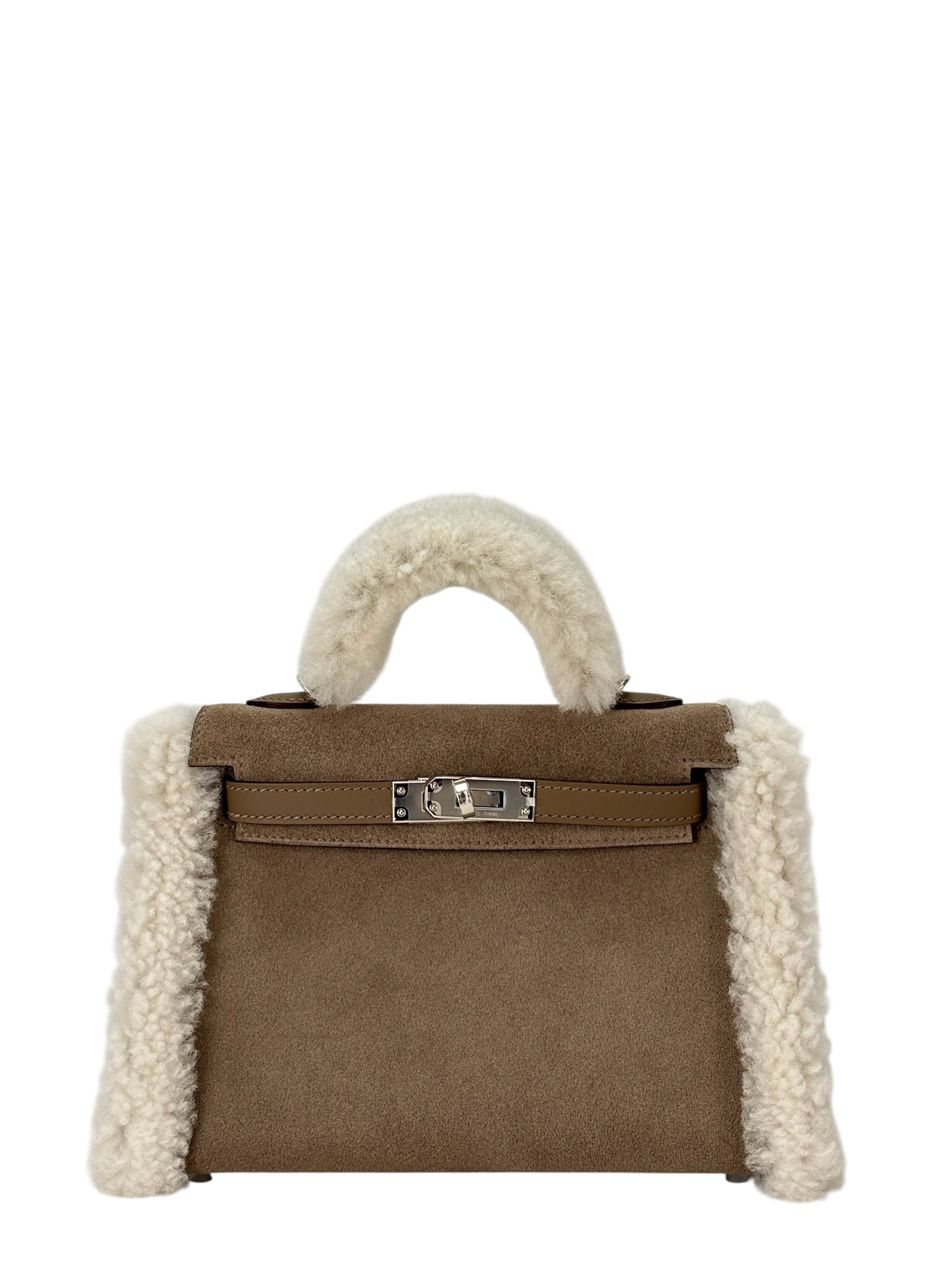 HERMES - Mini Kelly 18 Grizzly Swift Mouton Shearling Gris Caillou Ecru Etoupe Palladium Hardware