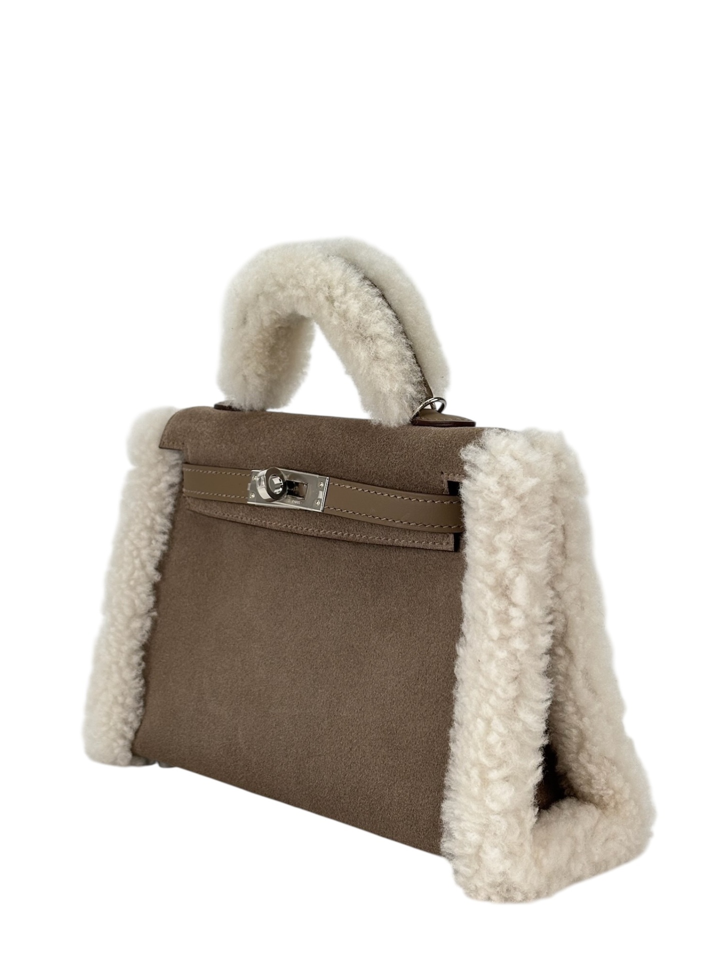 HERMES - Mini Kelly 18 Grizzly Swift Mouton Shearling Gris Caillou Ecru Etoupe Palladium Hardware