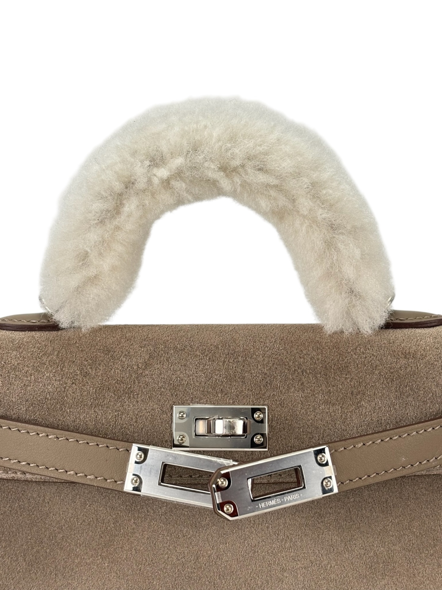 HERMES - Mini Kelly 18 Grizzly Swift Mouton Shearling Gris Caillou Ecru Etoupe Palladium Hardware