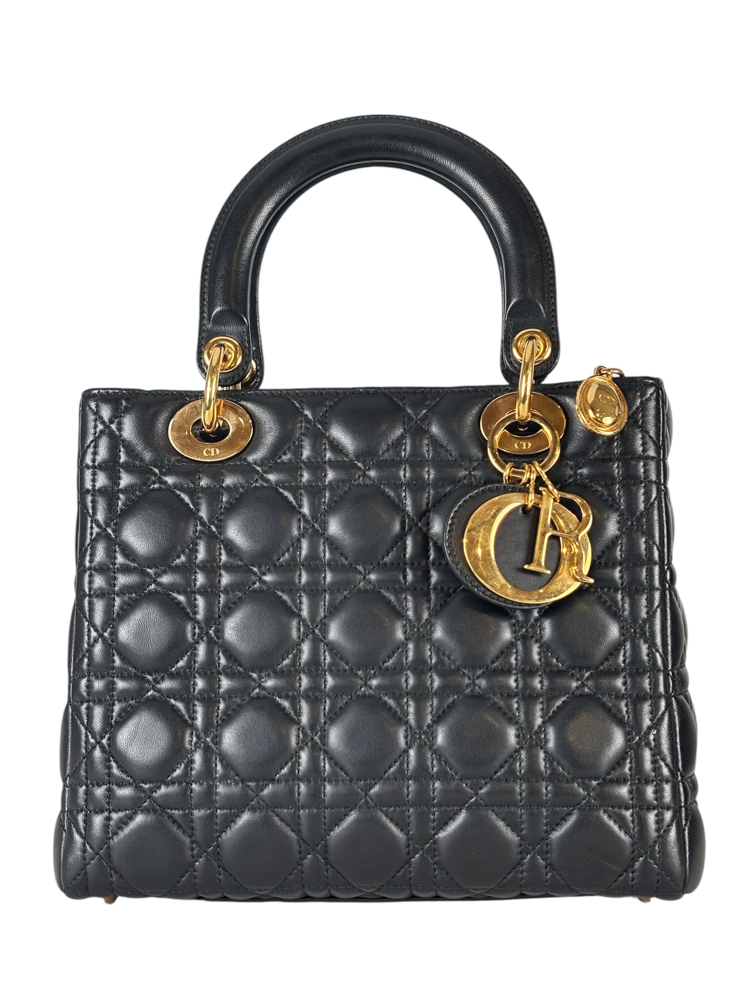CHRISTIAN DIOR - Black Lambskin Lady Dior Handbag – Camellia