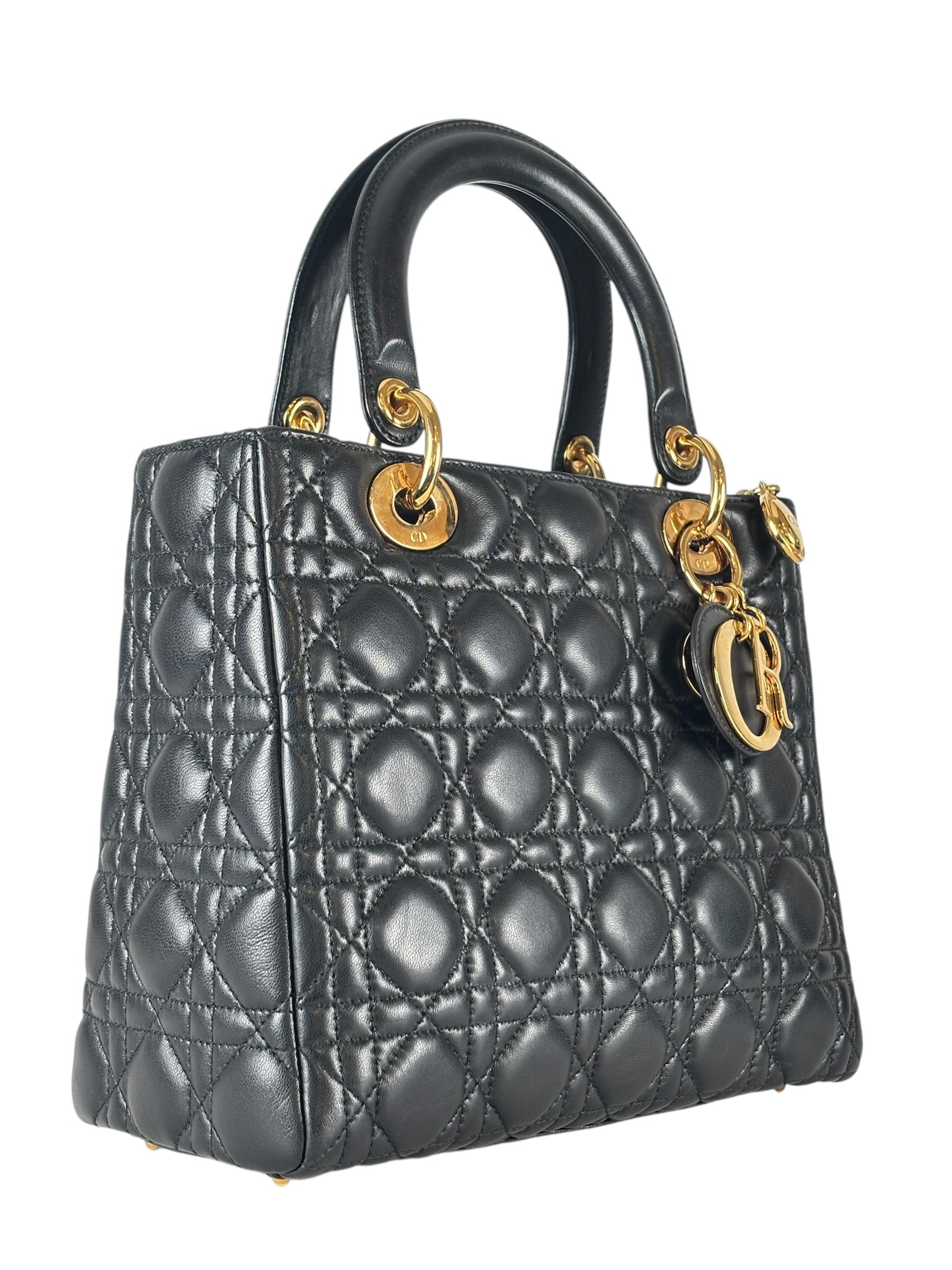 CHRISTIAN DIOR - Black Lambskin Lady Dior Handbag – Camellia
