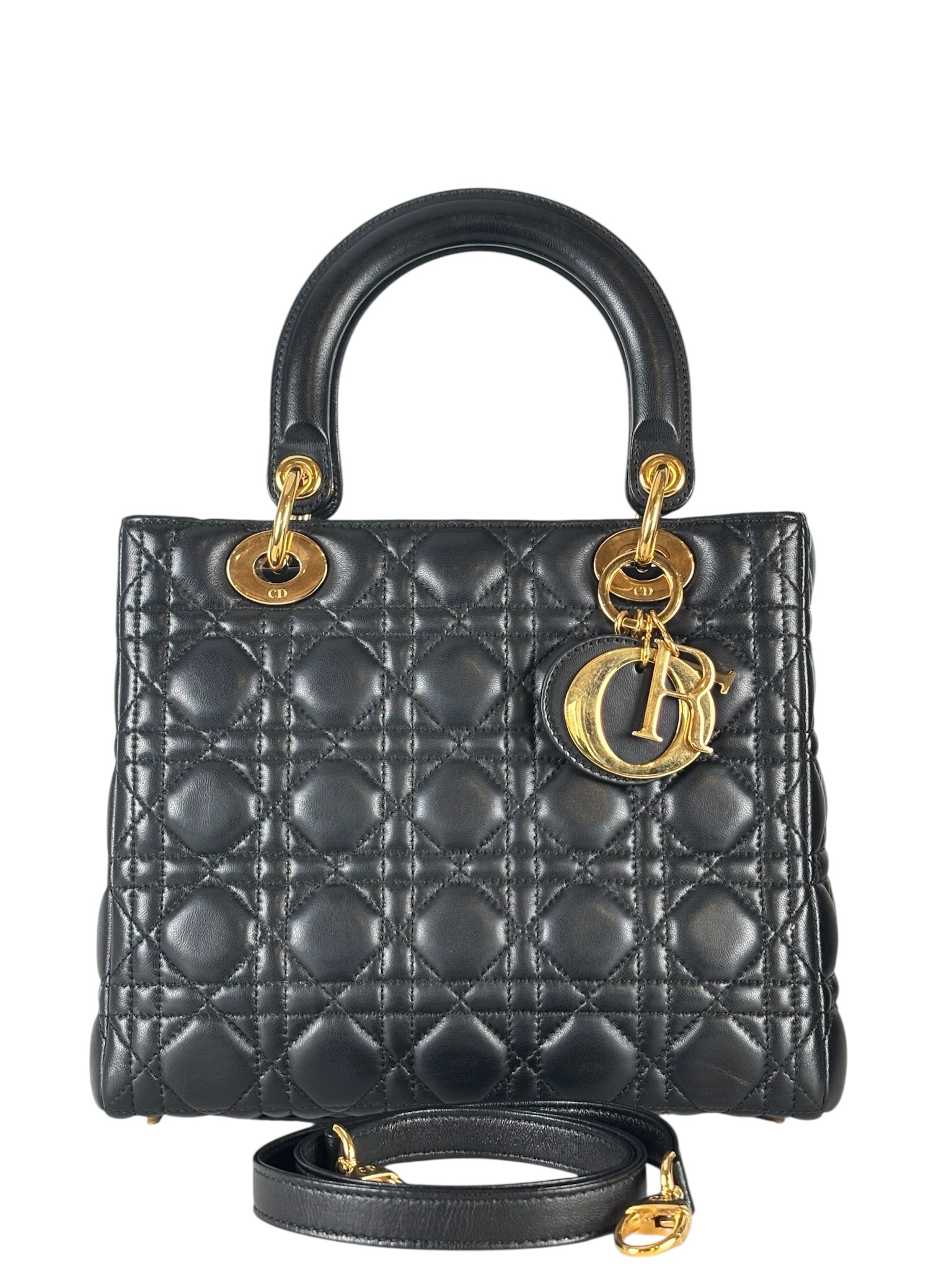 CHRISTIAN DIOR - Black Lambskin Lady Dior Handbag – Camellia