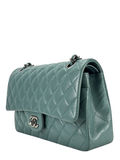 CHANEL - Medium Classic Double Flap Bag Green Caviar Palladium Hardware (CF25) 