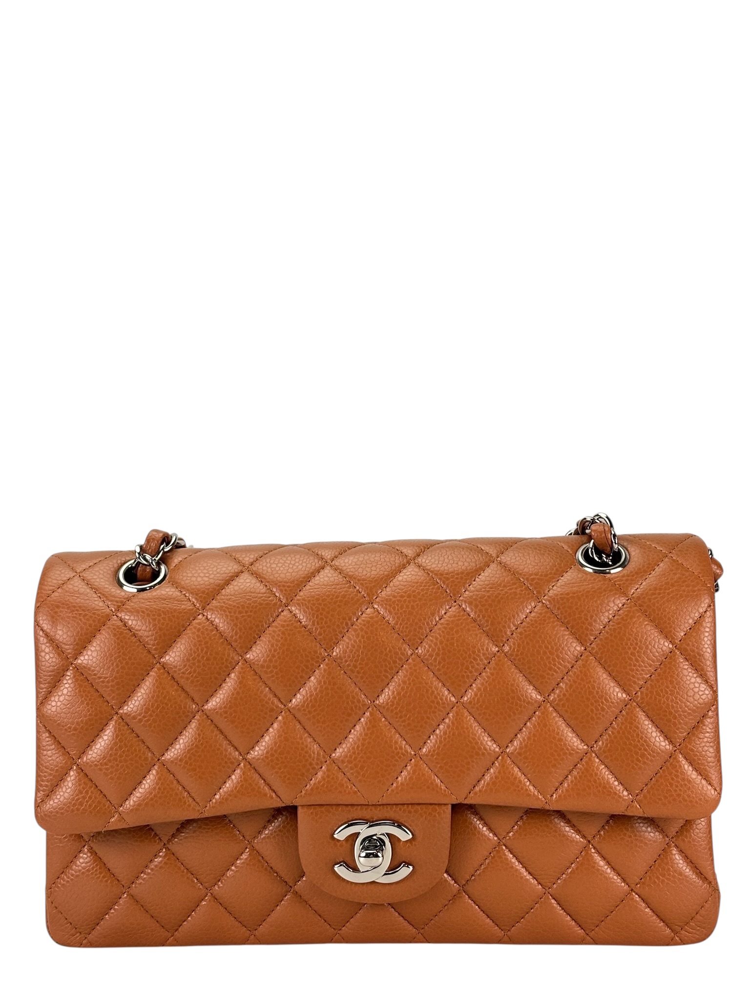 プーグレ シャネルカーフスキン　オレンジブラウンパール Chanel Medium Classic Double Flap Bag Caramel Shiny Caviar Light Gold