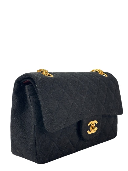 CHANEL - Small Classic Double Flap Bag Black Cotton Palladium Hardware (CF23) 