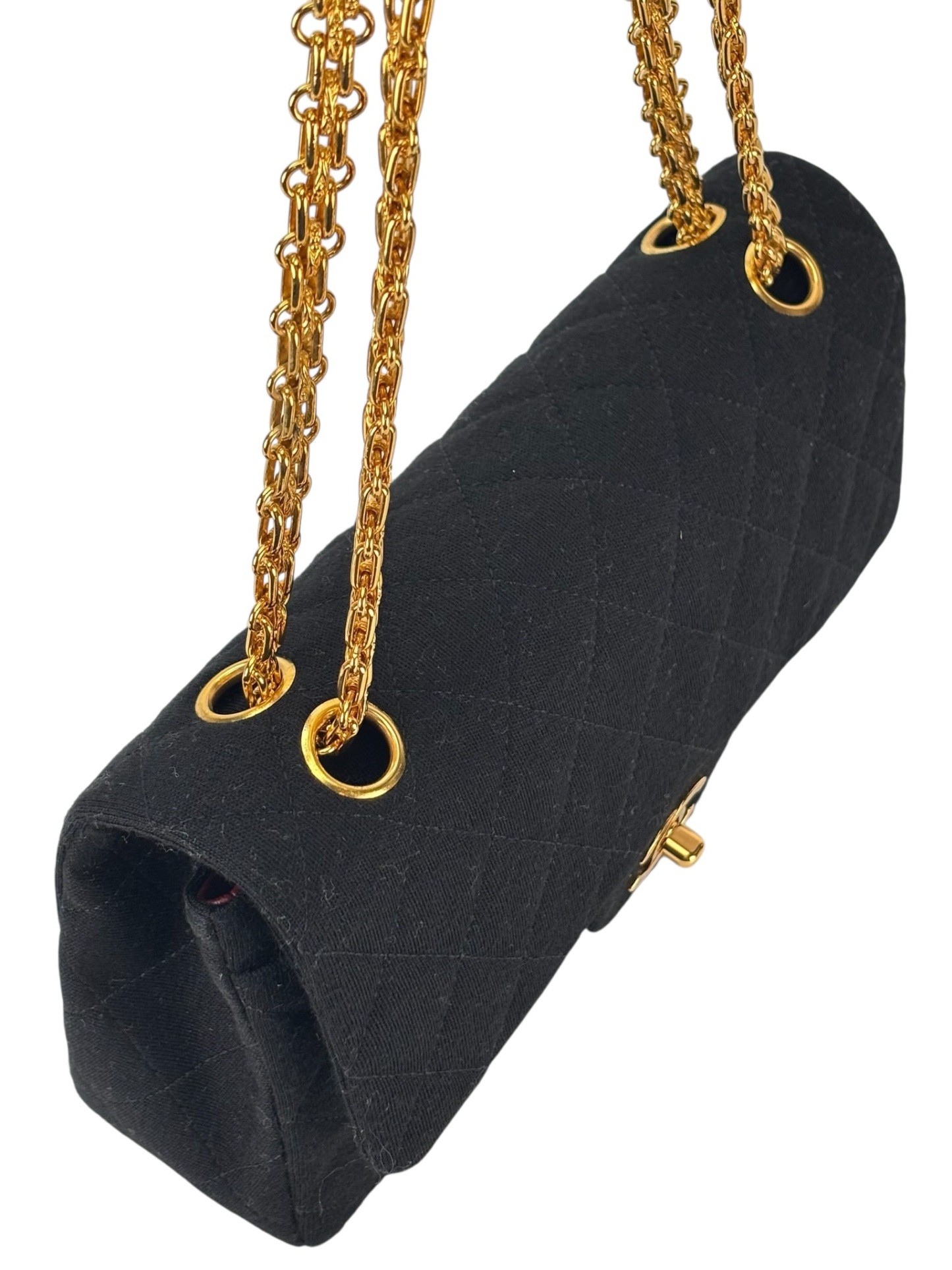 CHANEL - Small Classic Double Flap Bag Black Cotton Palladium Hardware (CF23) 