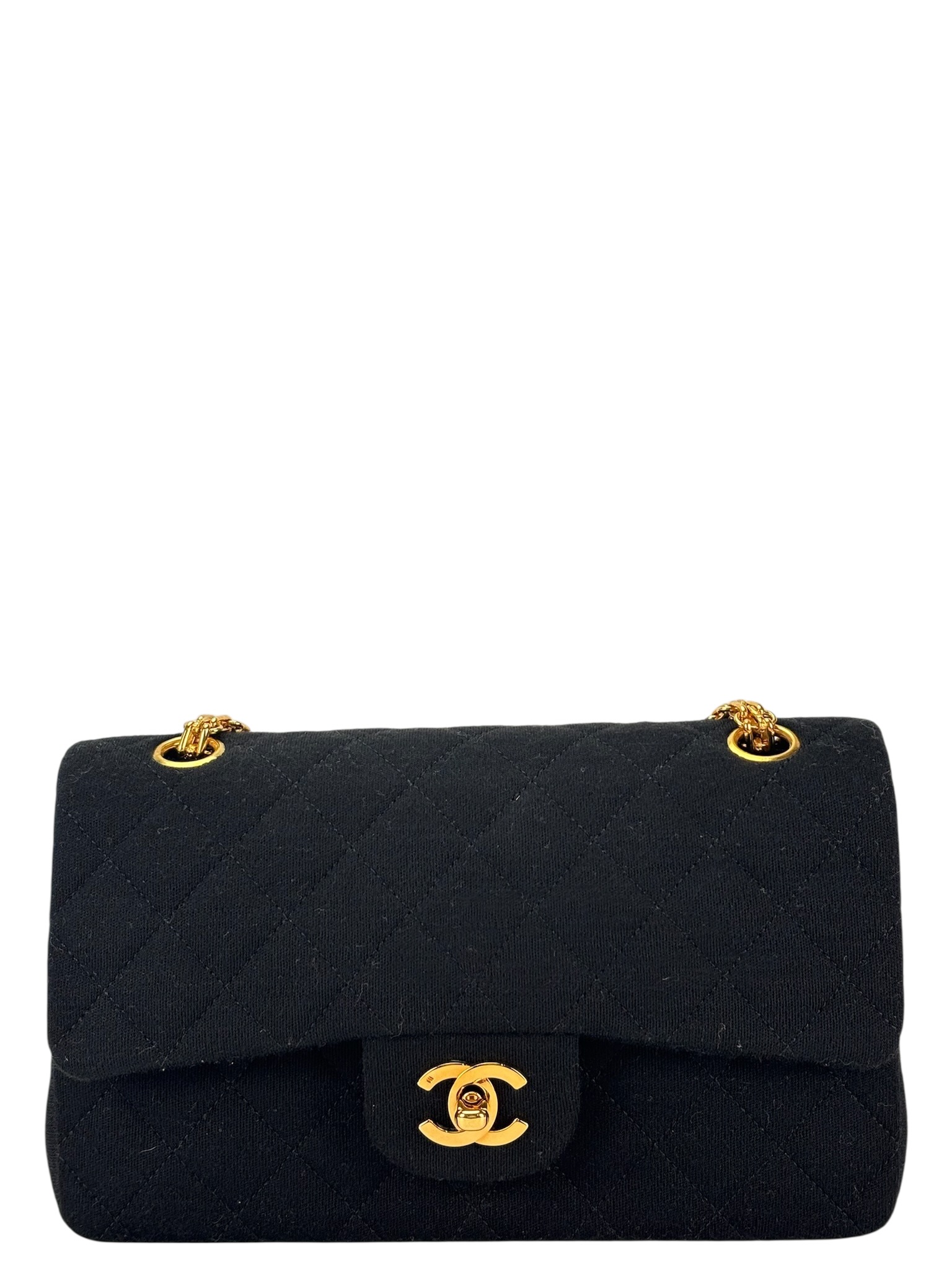 CHANEL - Small Classic Double Flap Bag Black Cotton Palladium Hardware (CF23) 