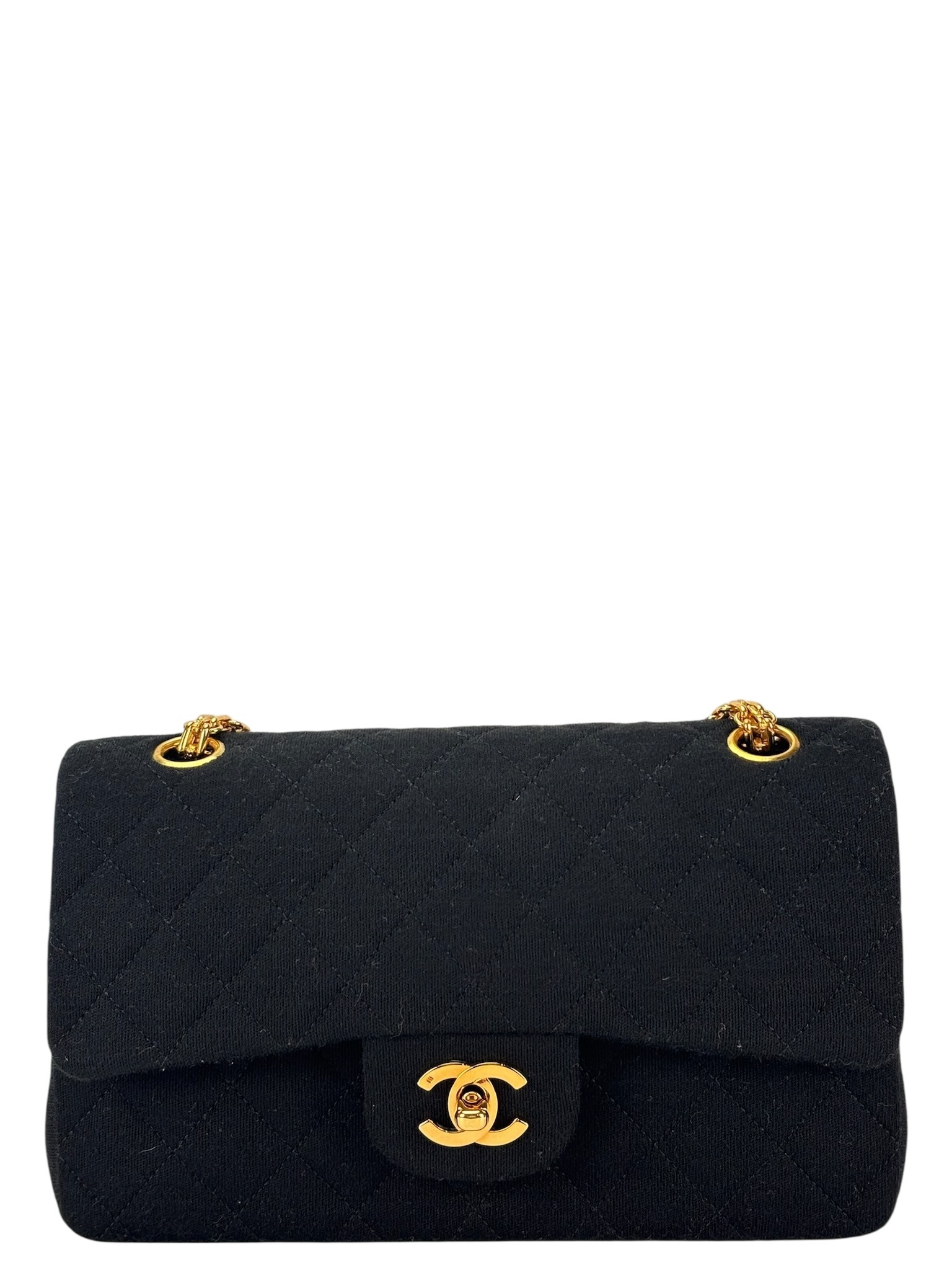 CHANEL - Small Classic Double Flap Bag Black Cotton Palladium Hardware (CF23) 