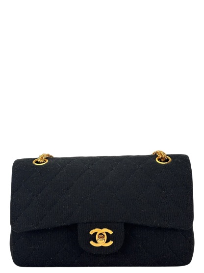 CHANEL - Small Classic Double Flap Bag Black Cotton Palladium Hardware (CF23) 