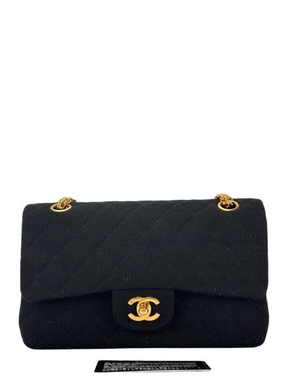 CHANEL - Small Classic Double Flap Bag Black Cotton Palladium Hardware (CF23) 