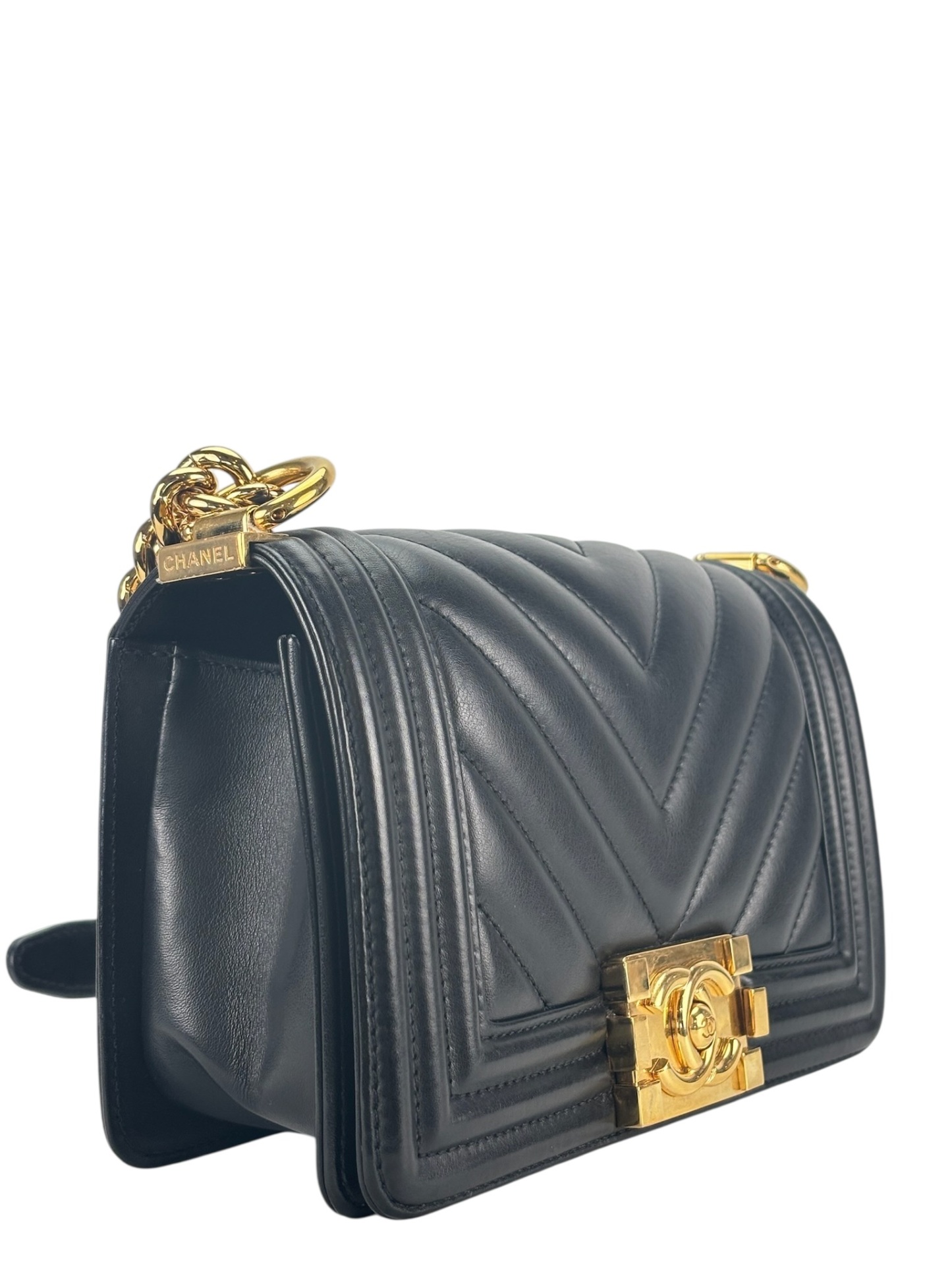  CHANEL - Medium Boy Flap Bag Black Lambskin Gold Hardware