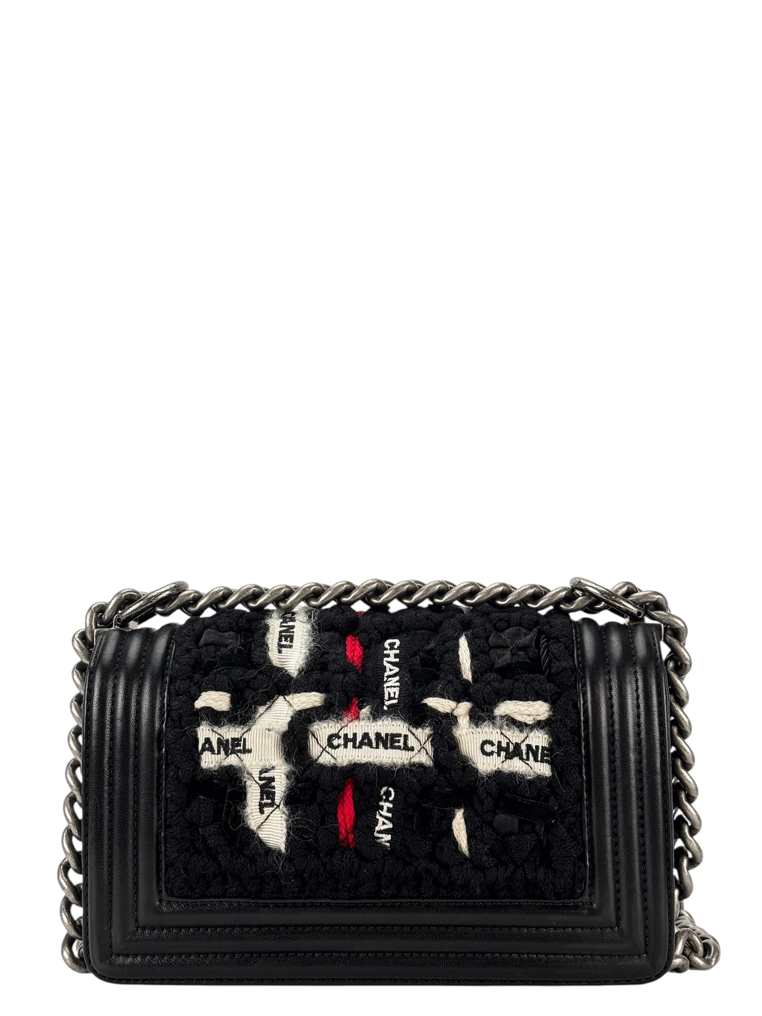 CHANEL - Small Boy Flap Bag Black Lambskin Cotton Metal Sliver