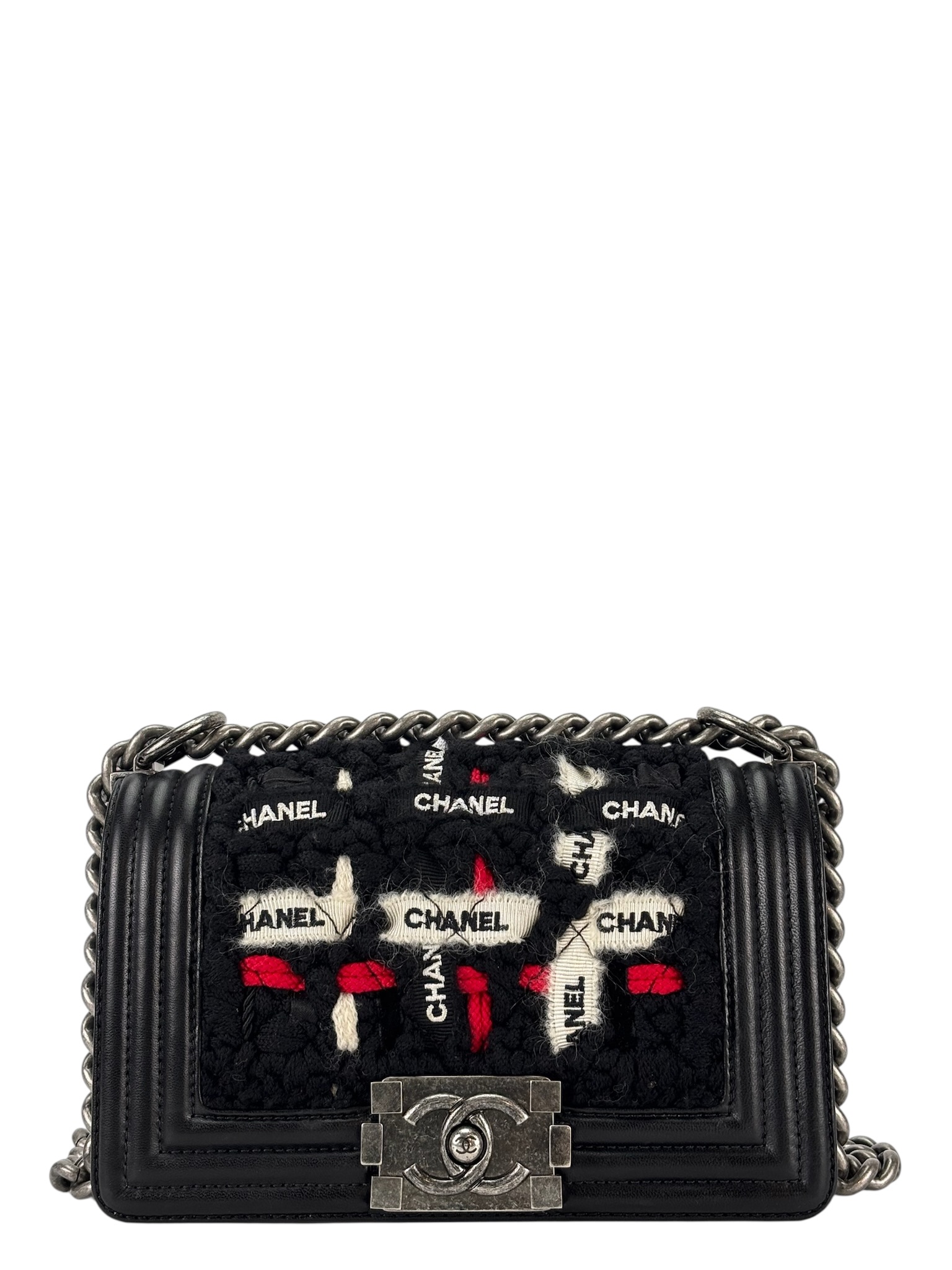 CHANEL - Small Boy Flap Bag Black Lambskin Cotton Metal Sliver