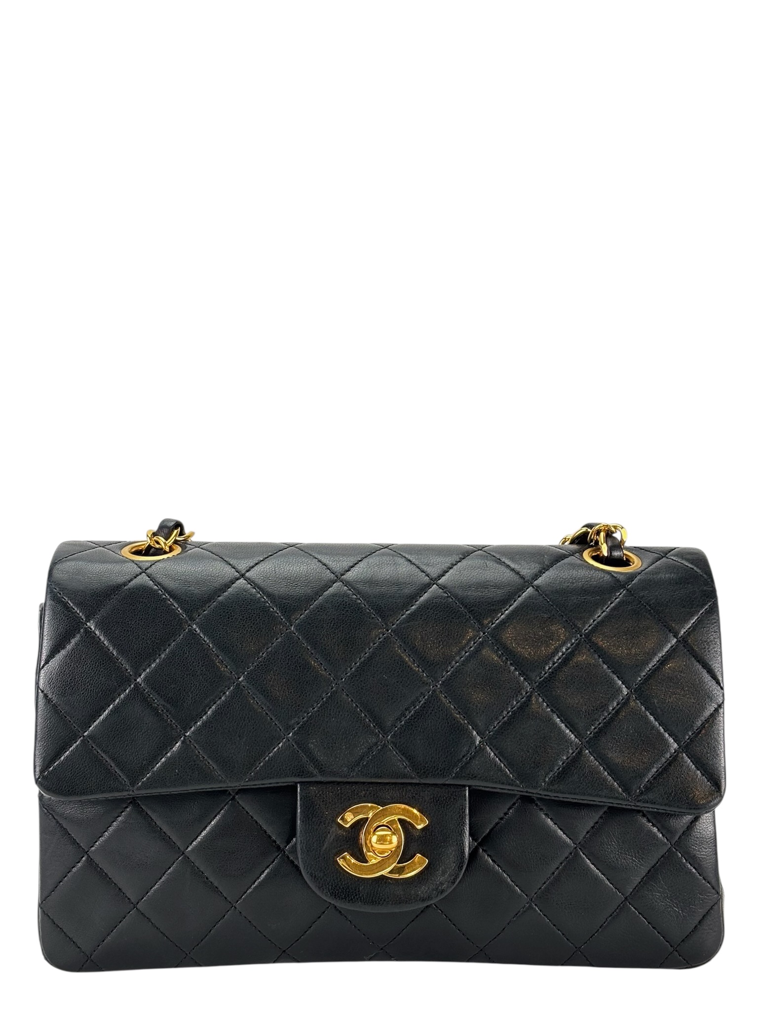 CHANEL - Small Classic Double Flap Bag Black Lambskin Gold Hardware (CF23)