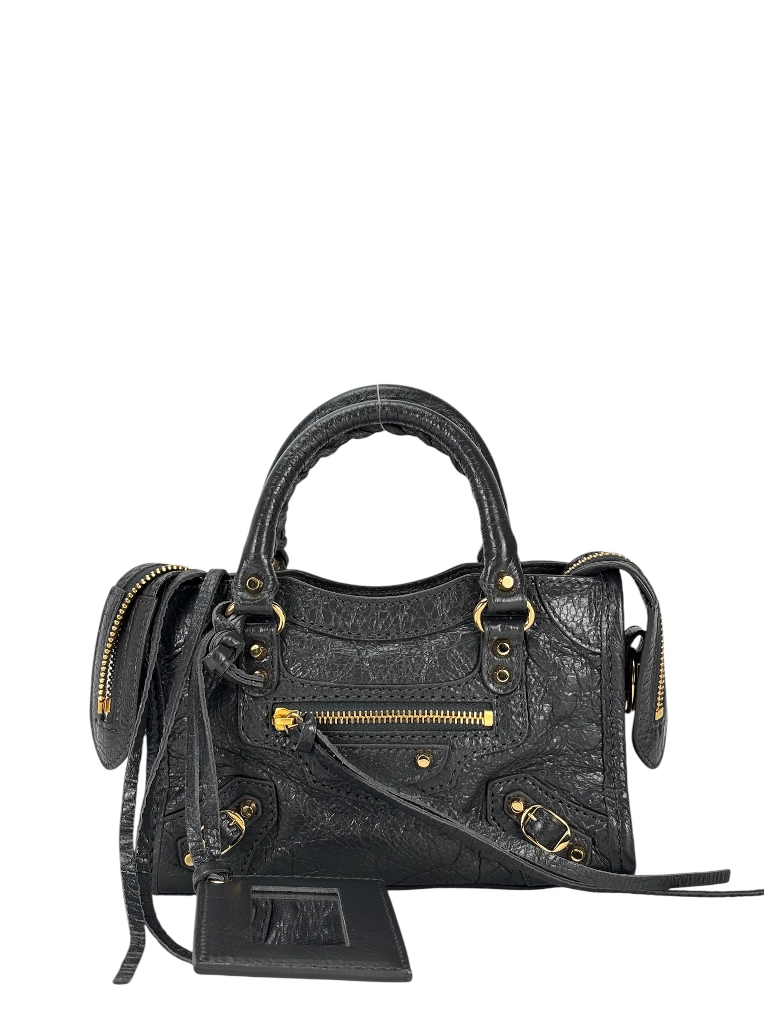 BALENCIAGA - Gray Oiled Leather Nano City Bag Agneau Classic Gold Hardware