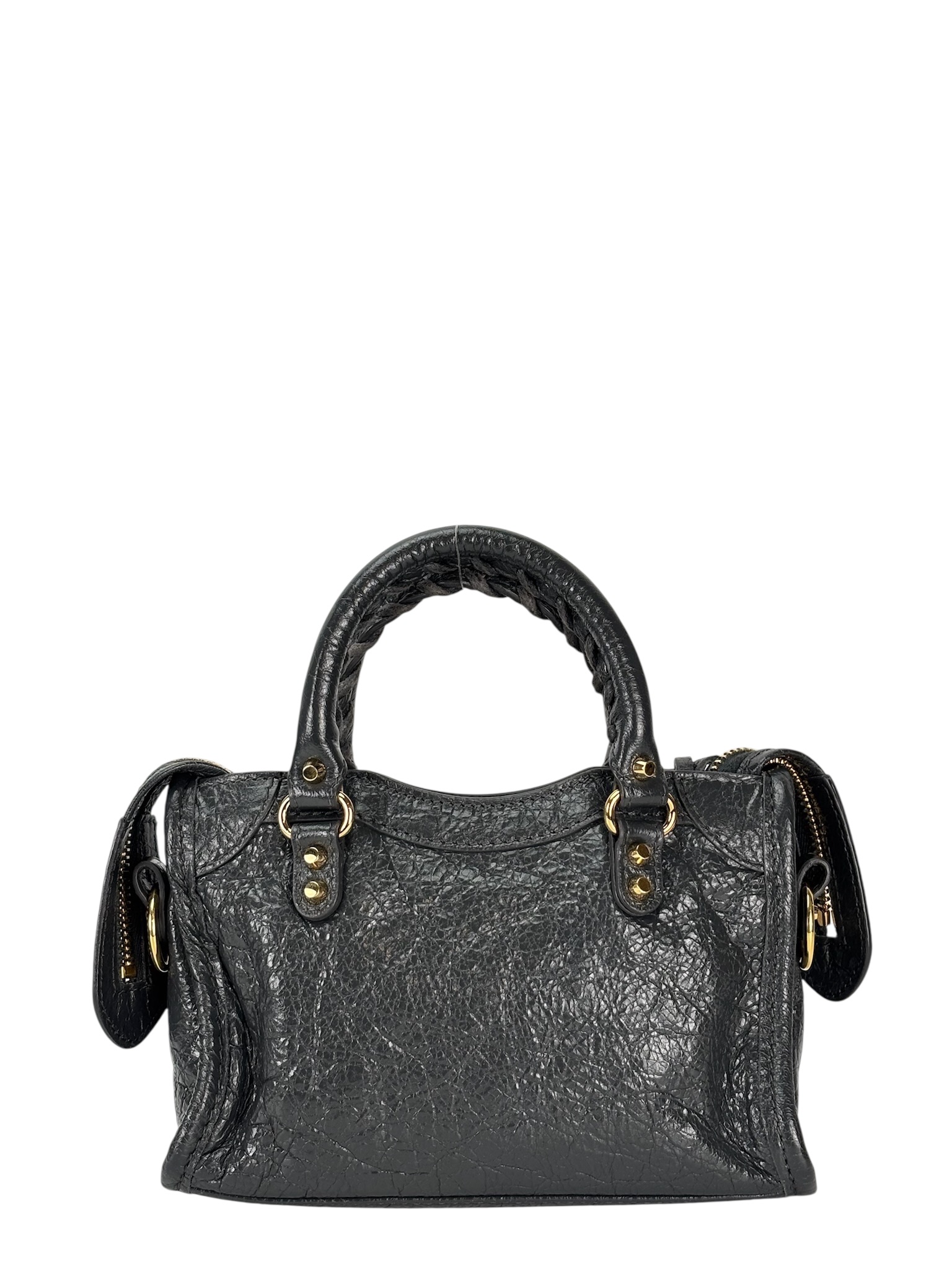 BALENCIAGA - Gray Oiled Leather Nano City Bag Agneau Classic Gold Hardware