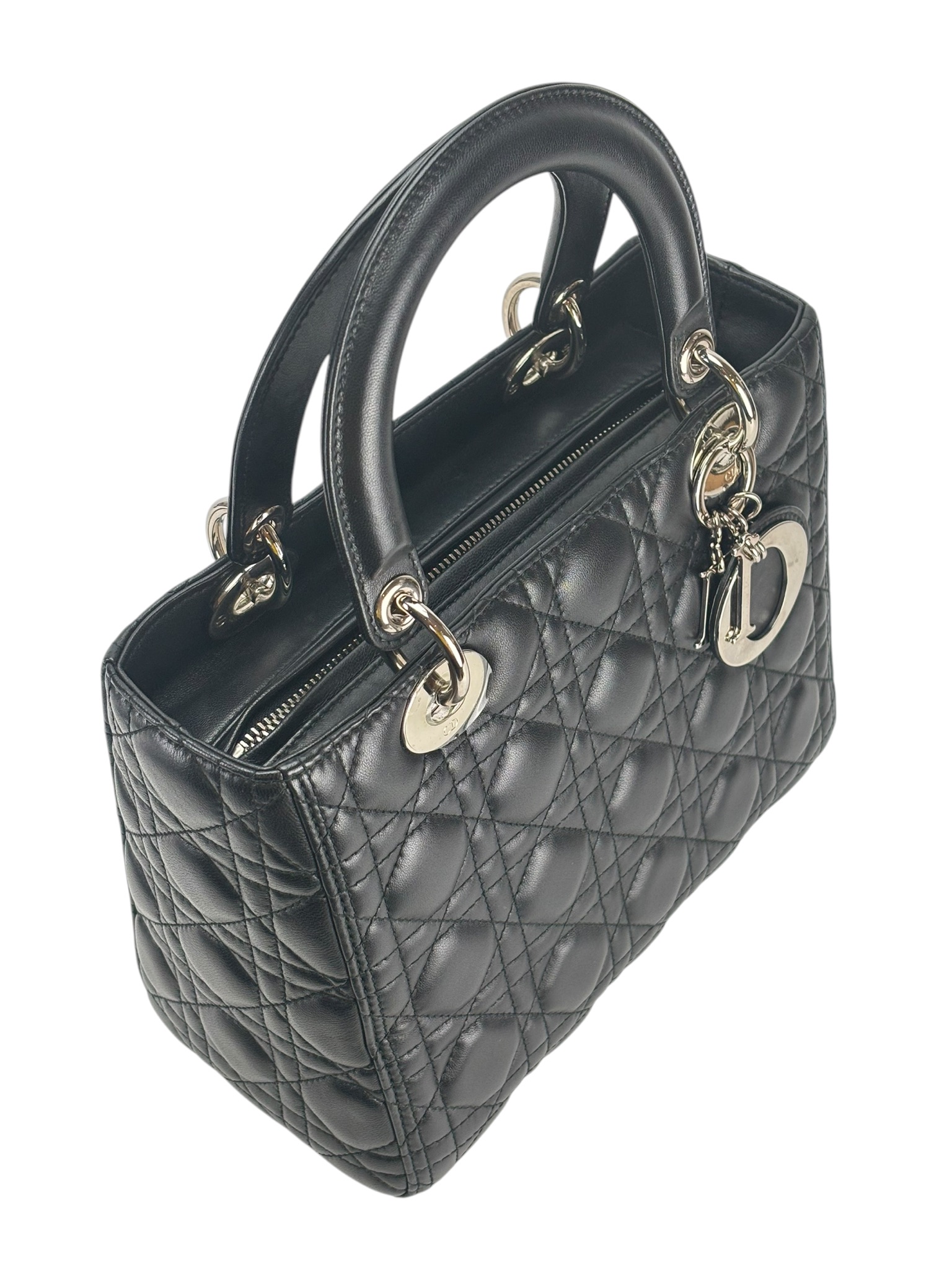 CHRISTIAN DIOR - Black Lambskin Lady Dior Handbag – Camellia