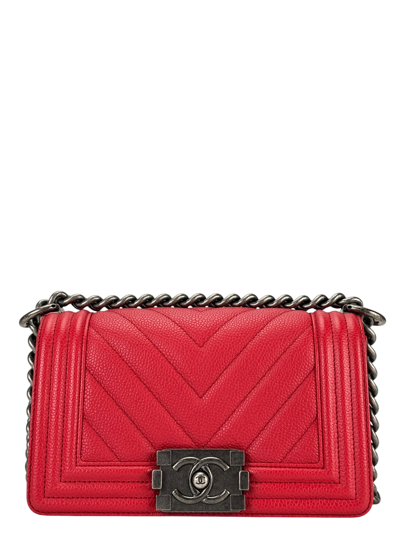 CHANEL - Small Boy Flap Bag Red Caviar Metal Sliver