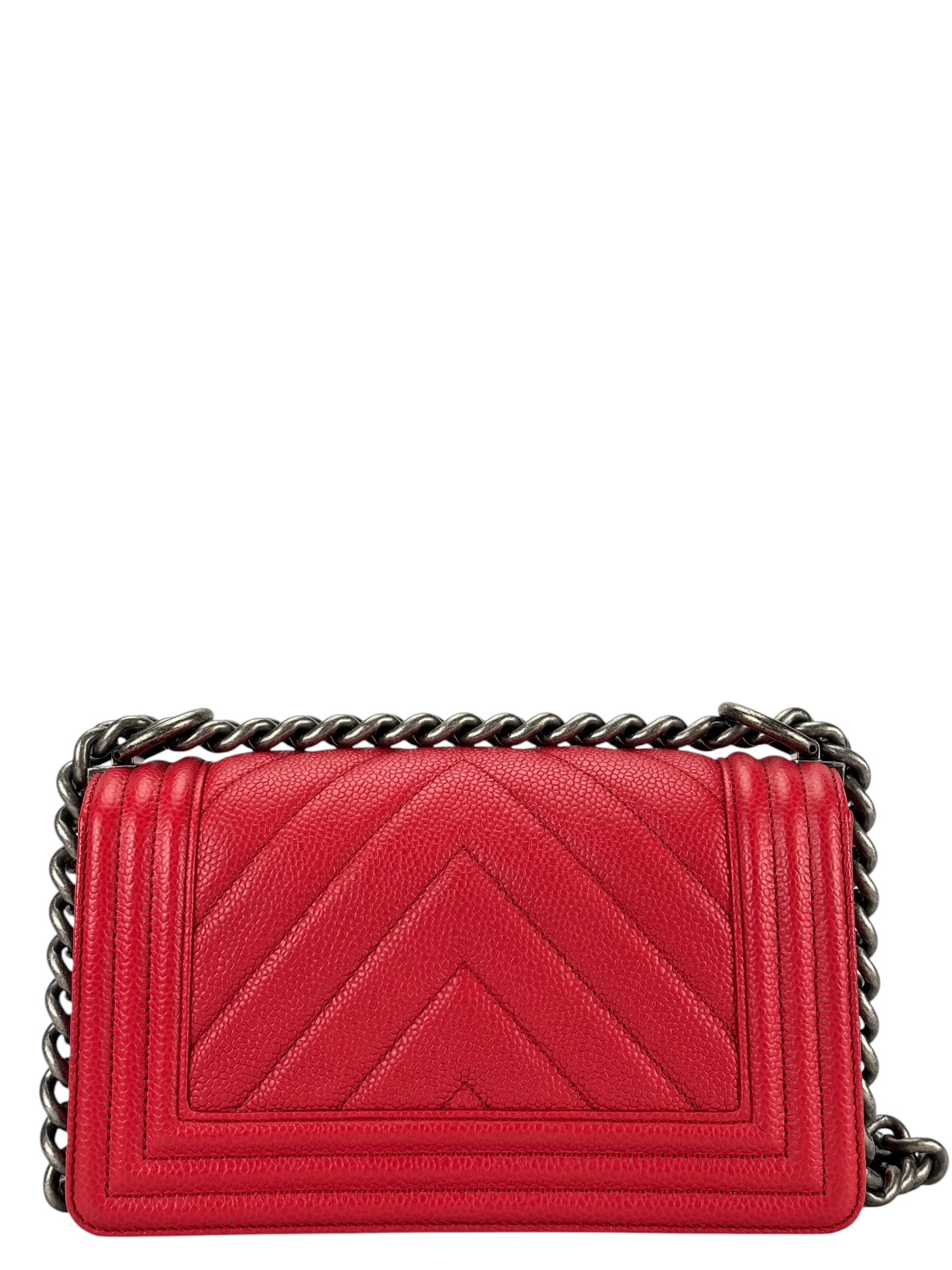 CHANEL - Small Boy Flap Bag Red Caviar Metal Sliver