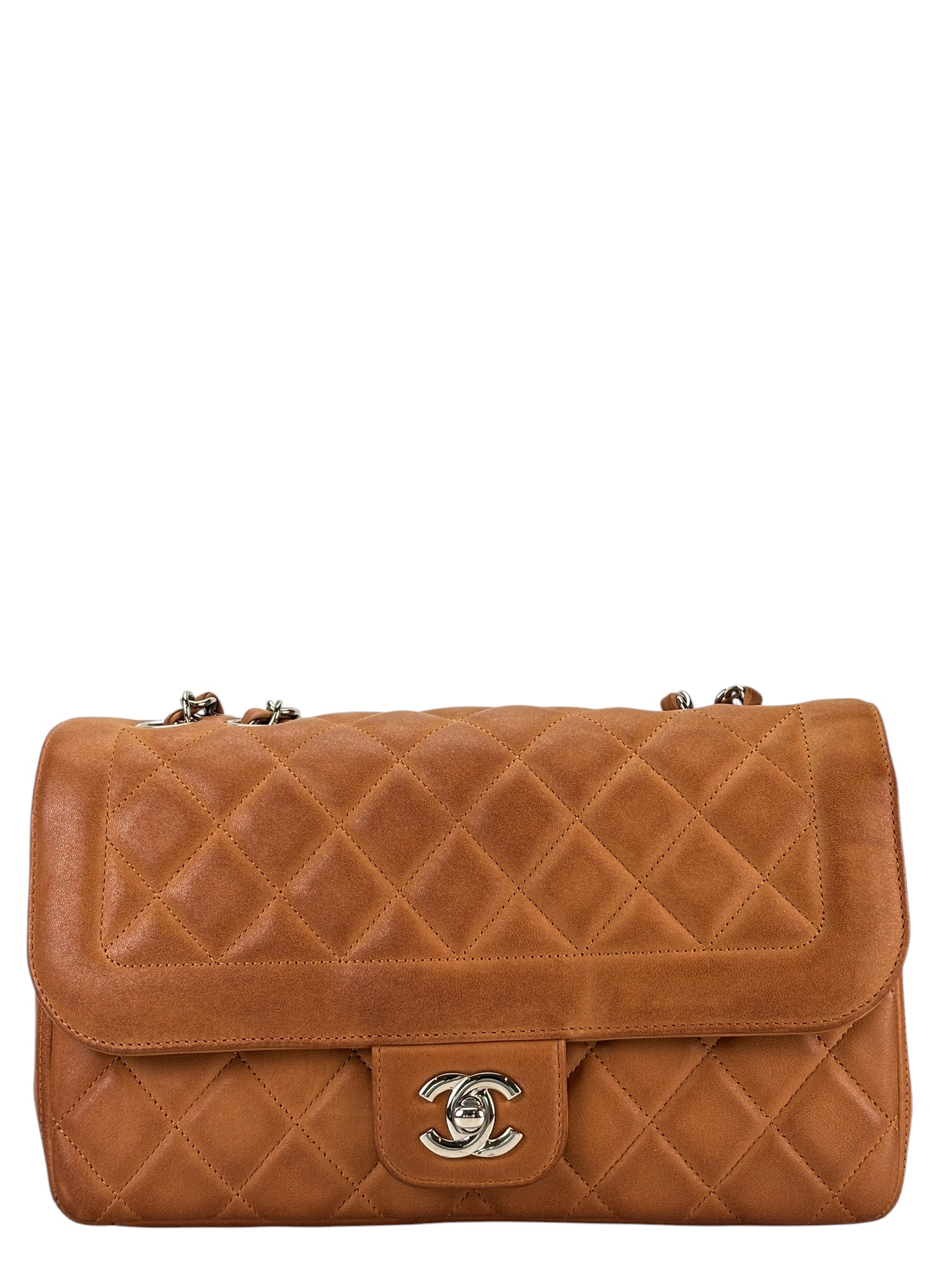 CHANEL -  Medium Classic Double Flap Bag Brown Lambskin Sliver Hardware (CF25)