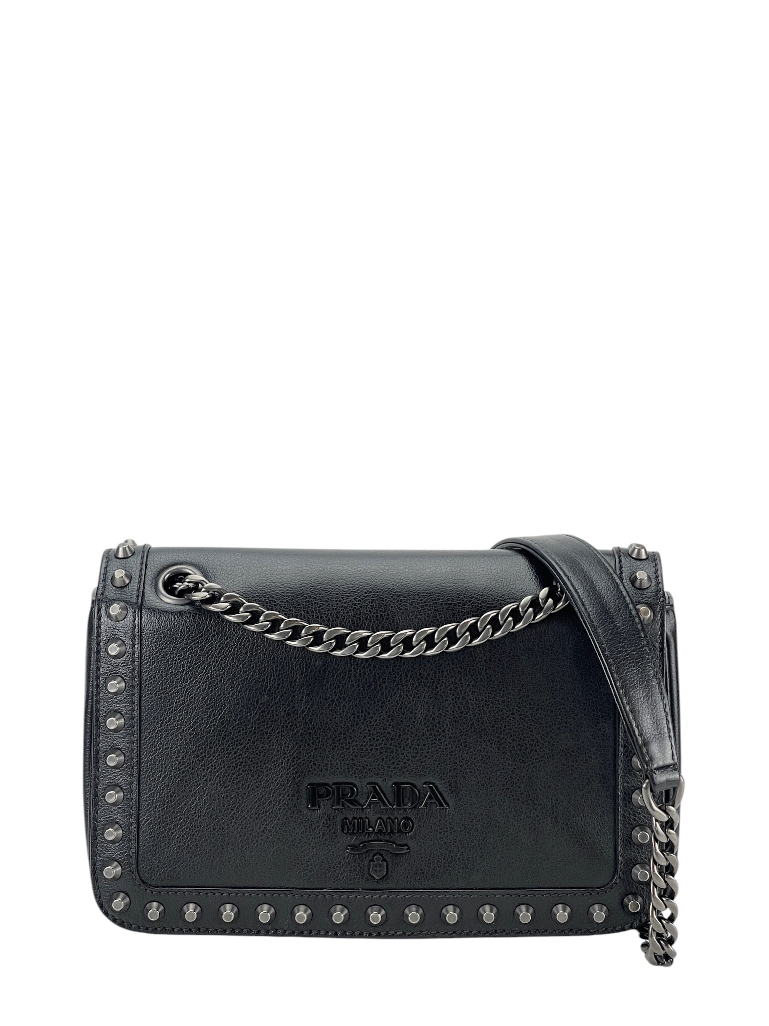 PRADA - Black Calfskin Studded Flap Chain Shoulder Bag