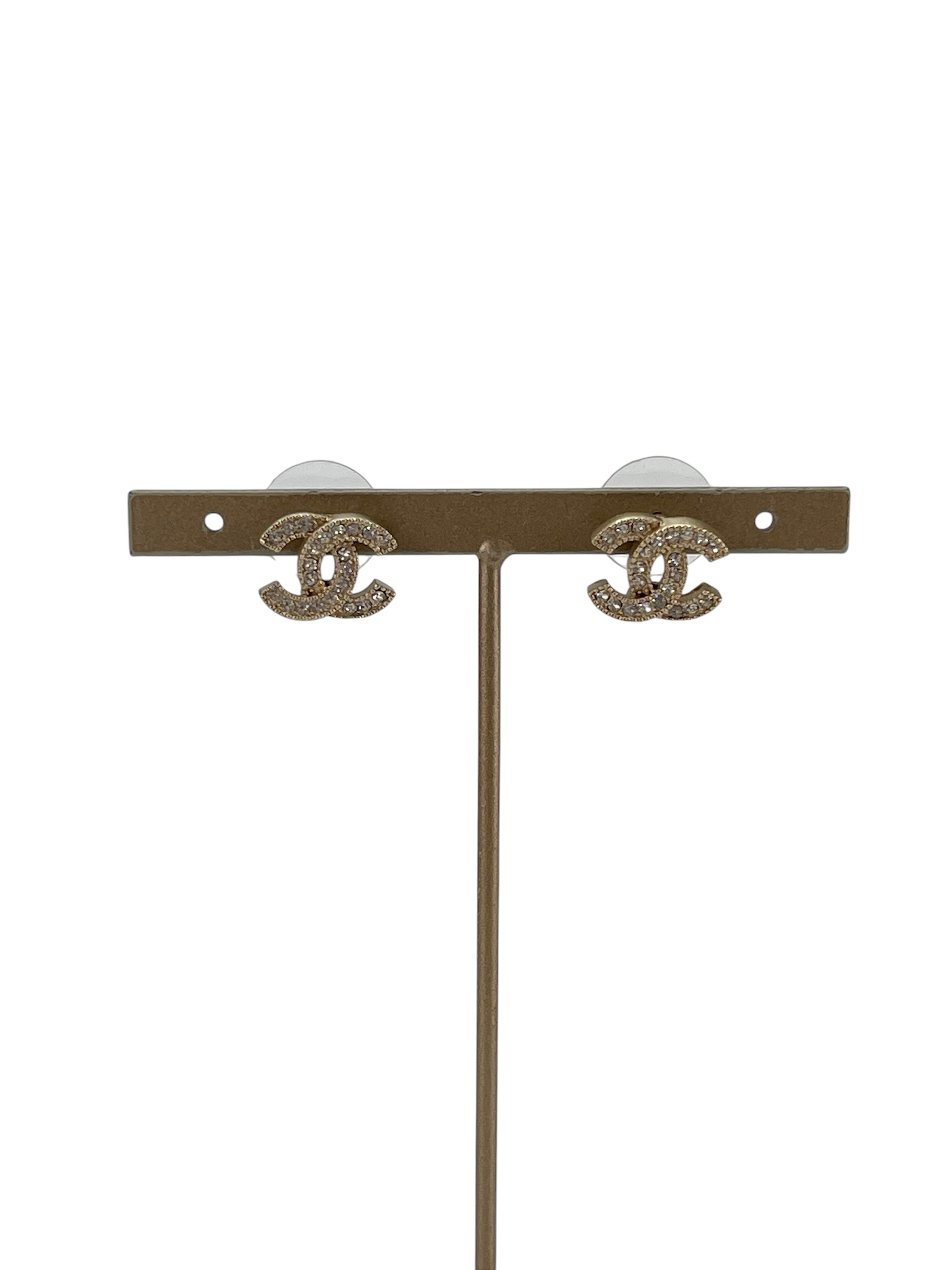 CHANEL - 17V Gold Rhinestone CC Earrings