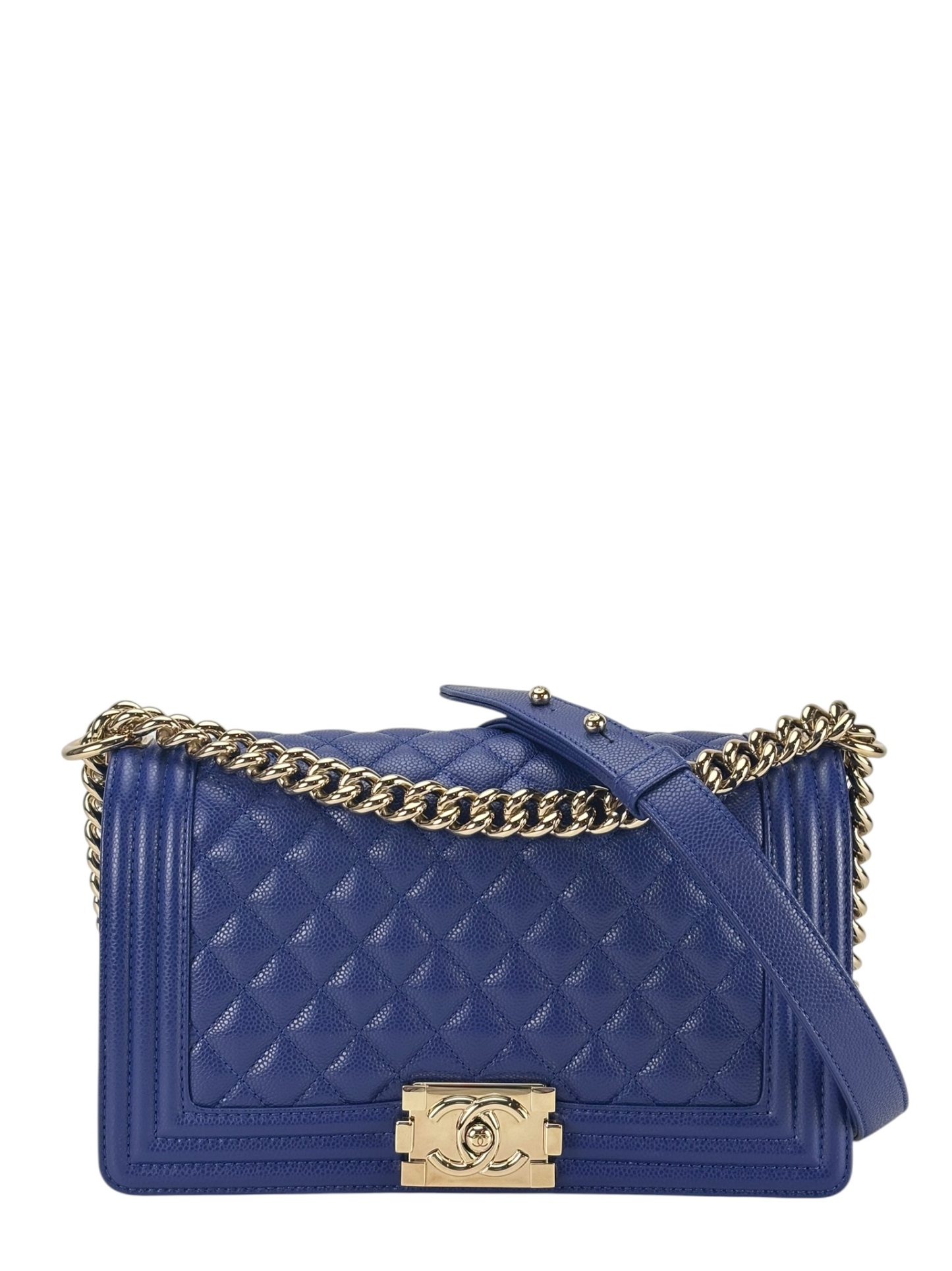 CHANEL - Medium Boy Flap Bag Blue Caviar Metal Gold – Camellia