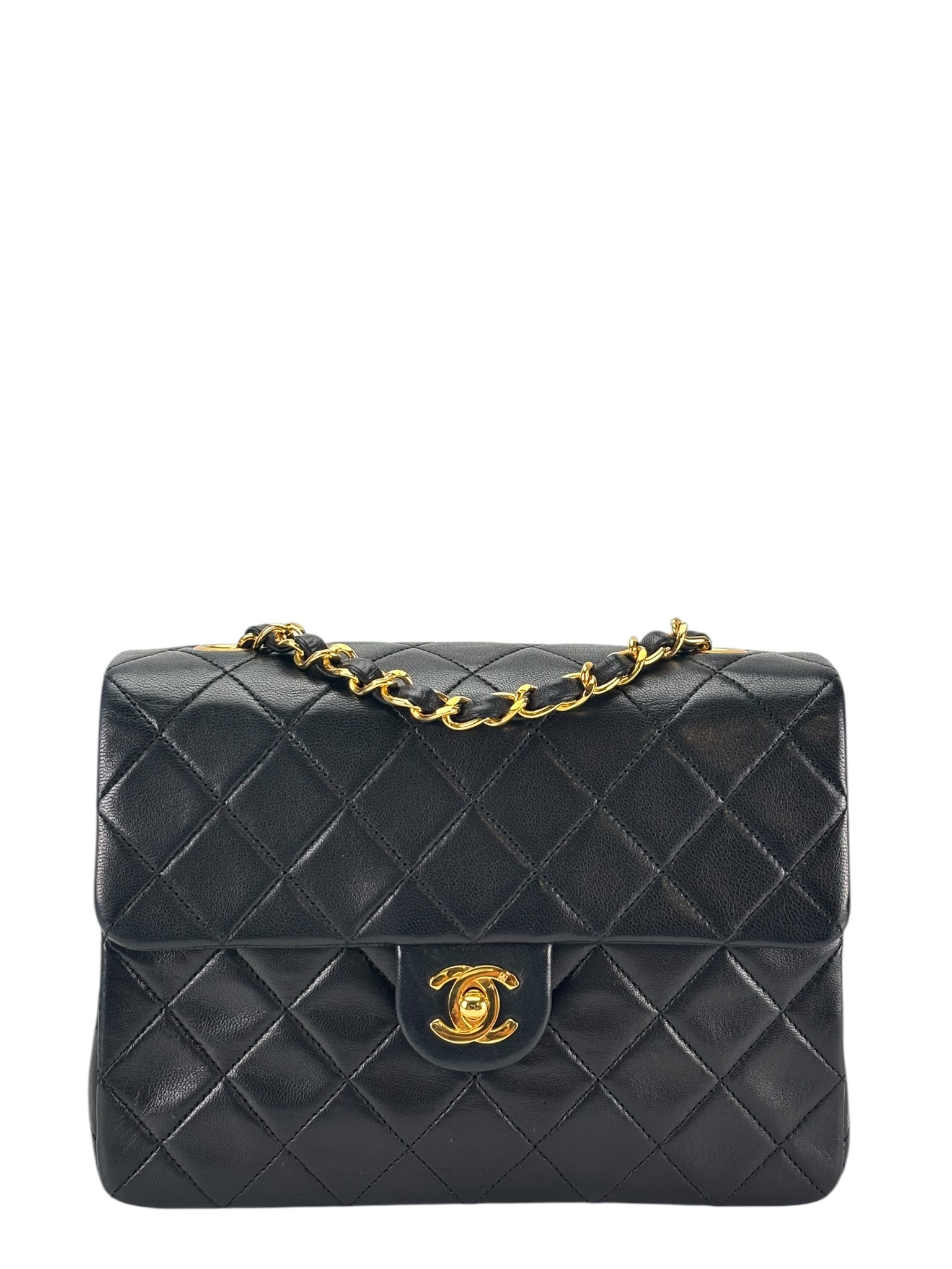 CHANEL - Black Lambskin Mini Classic Square Flap Shoulder Bag 20